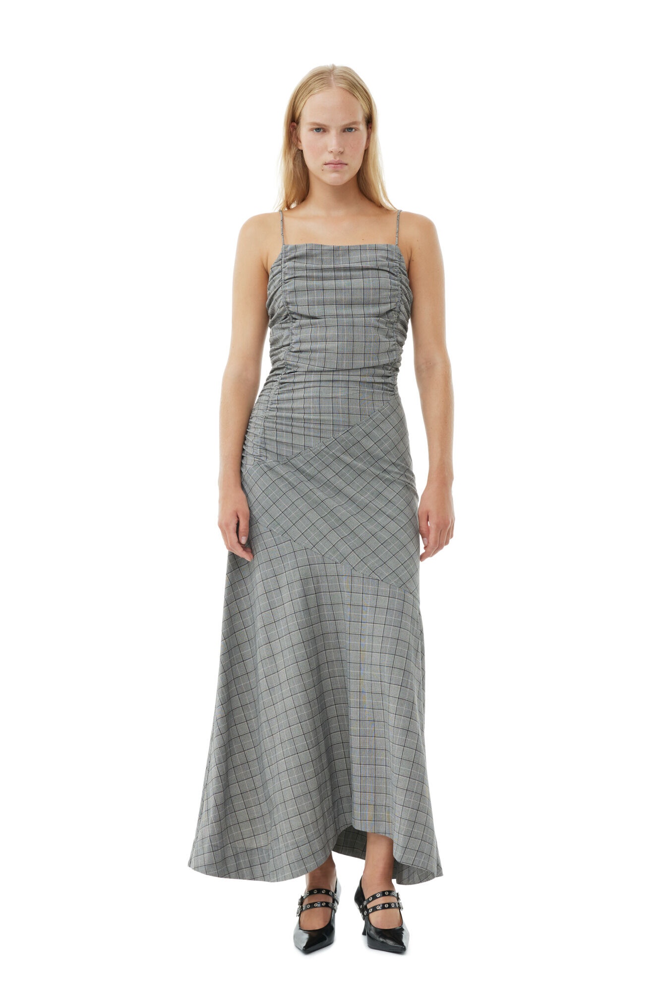 CHECKERED RUCHED LONG SLIP DRESS - 2