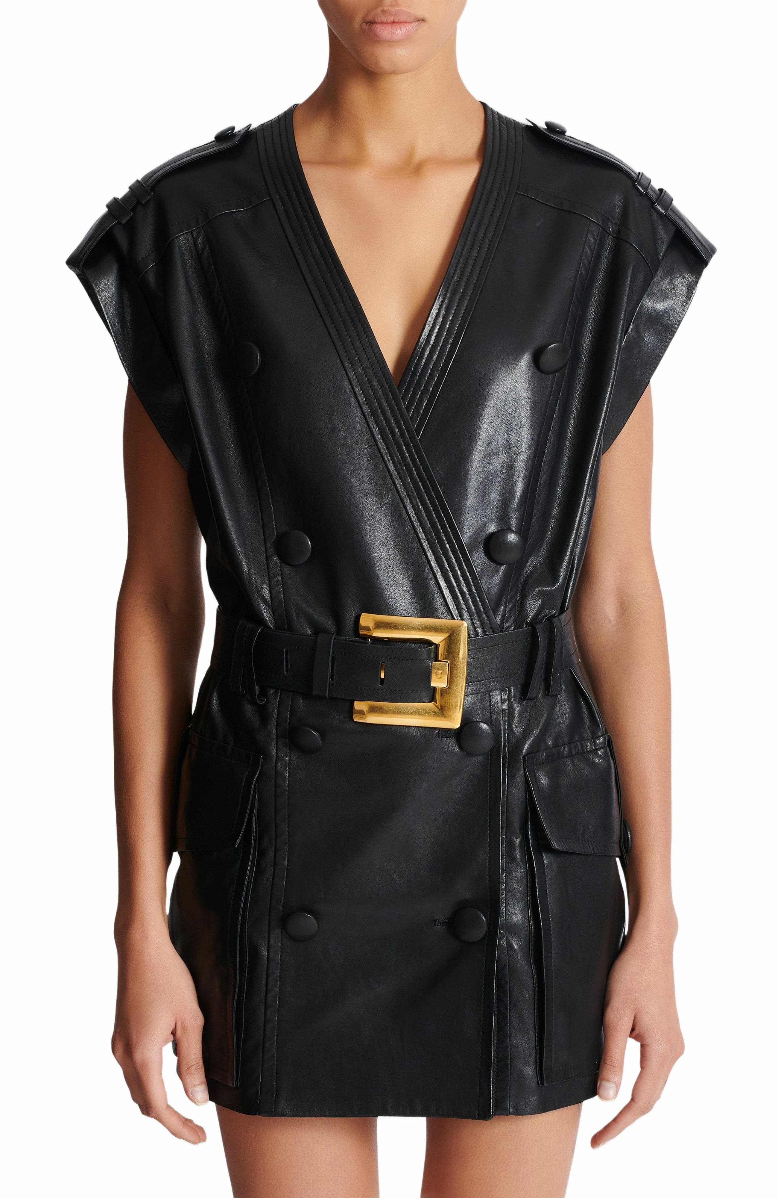 Balmain Lambskin leather short belted dress in Black at Nordstrom - 7