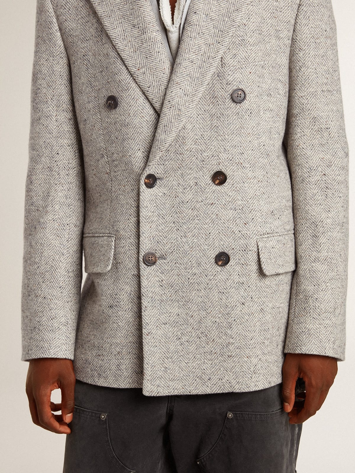 Men's double-breasted jacket in gray silk and chevron wool - 5