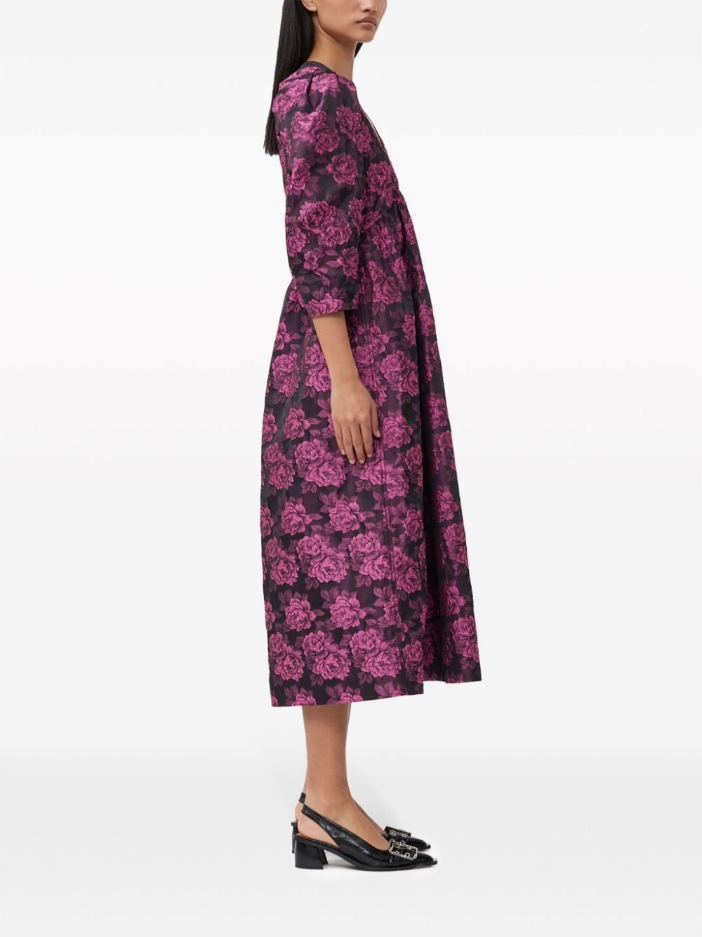 botanical-jacquard puff-sleeves midi dress - 3