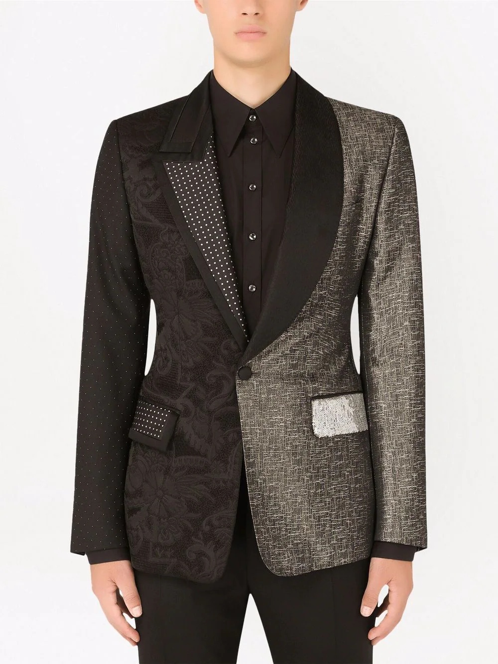 asymmetric patchwork-panelled silk blazer - 3