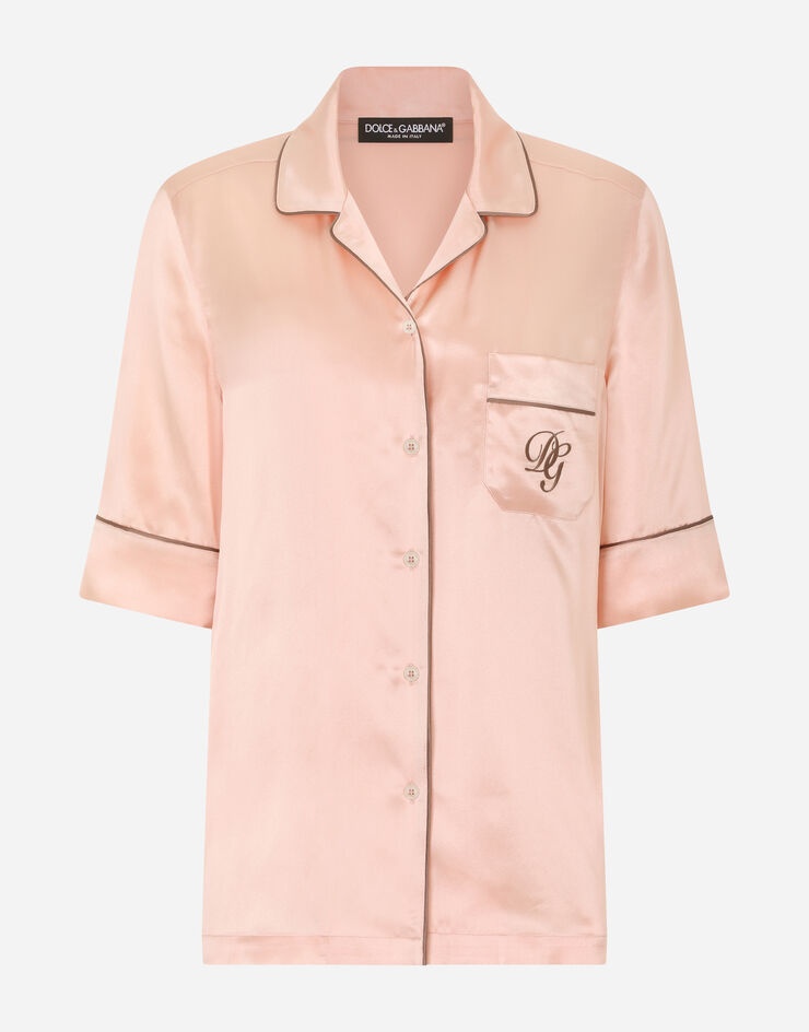 Short-sleeved satin pajama shirt with DG embroidery - 1