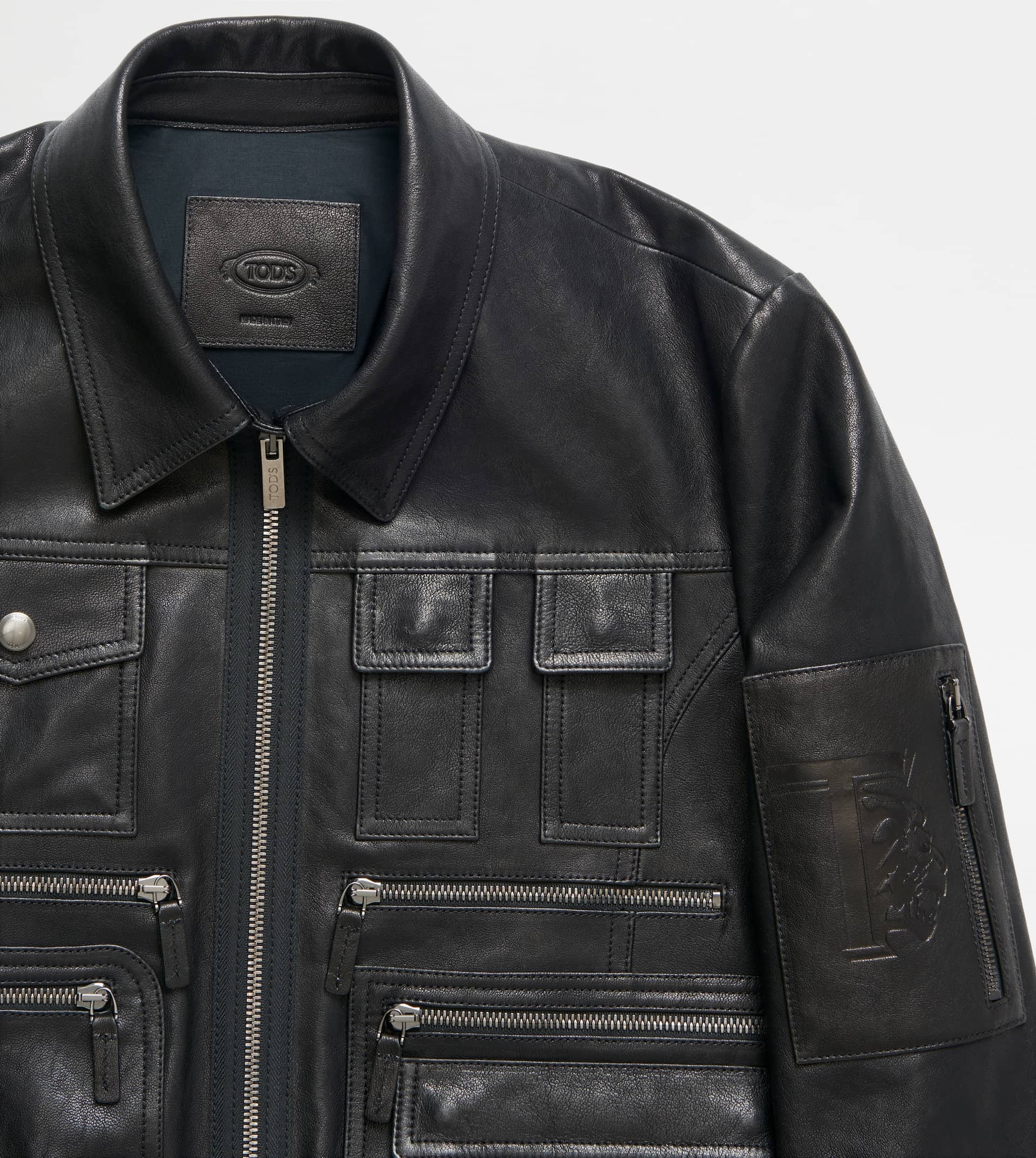 MULTI-POCKET LEATHER BOMBER JACKET - BLACK - 6