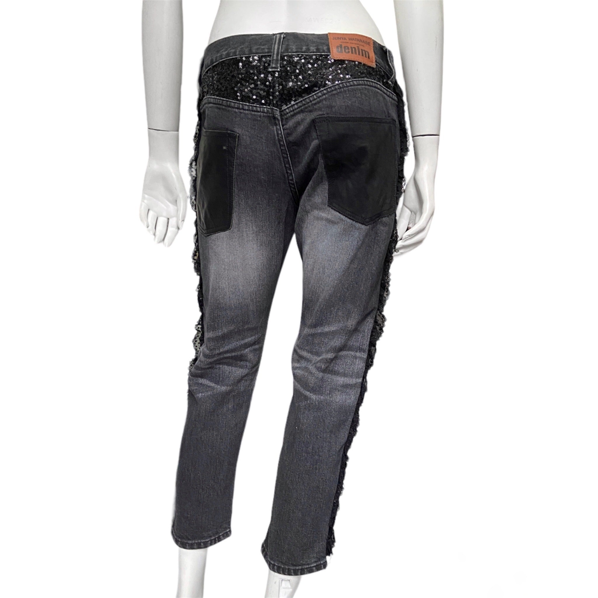 Junya watanabe black trompe l'oeil clawmark sequins lace jeans M - 3