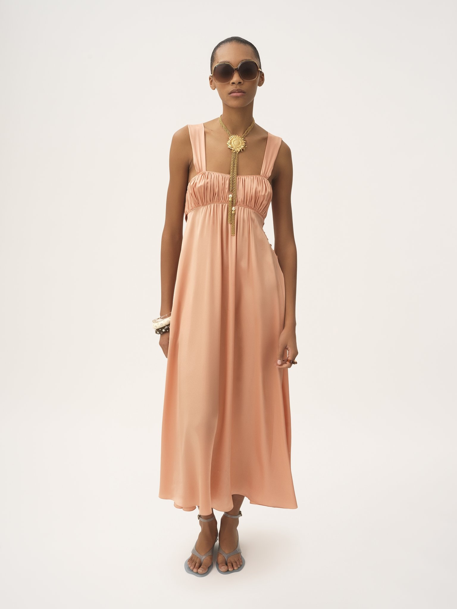 SLEEVELESS RUCHED LONG DRESS IN SILK SATIN - 3