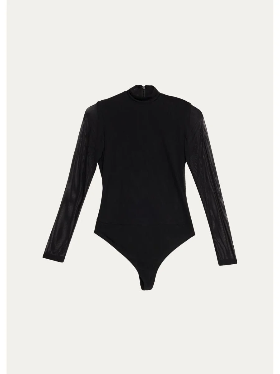 Clarinda Long-Sleeve Mesh Turtleneck Bodysuit - 1