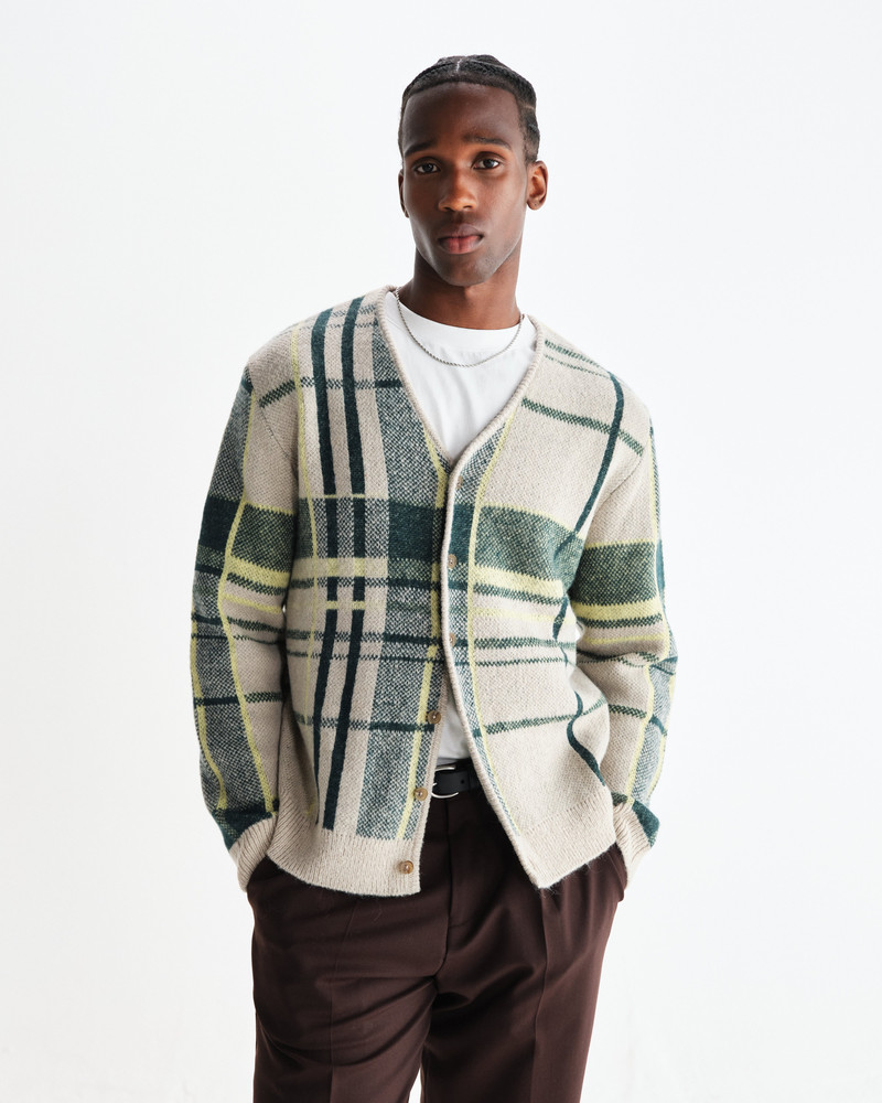 Wax London Alban - Natural And Green Plaid Check Cardigan outlook