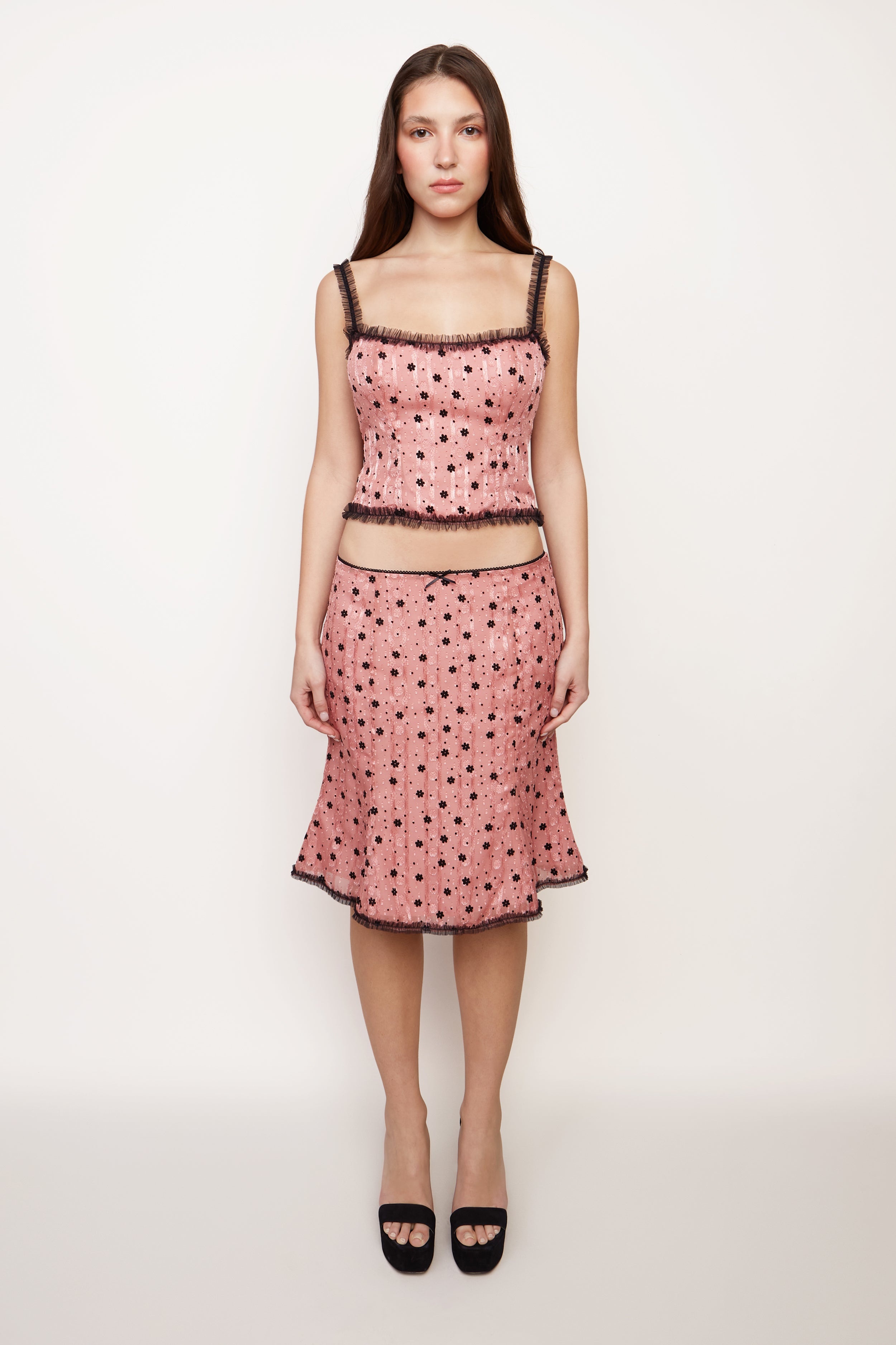 VELVET FLORAL LACE LOW RISE MIDI SKIRT - 3