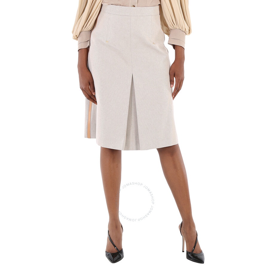 Burberry Soft Fawn Melange Box Pleated Cotton Canvas A-Line Skirt, Brand Size 6 (US Size 4) - 3
