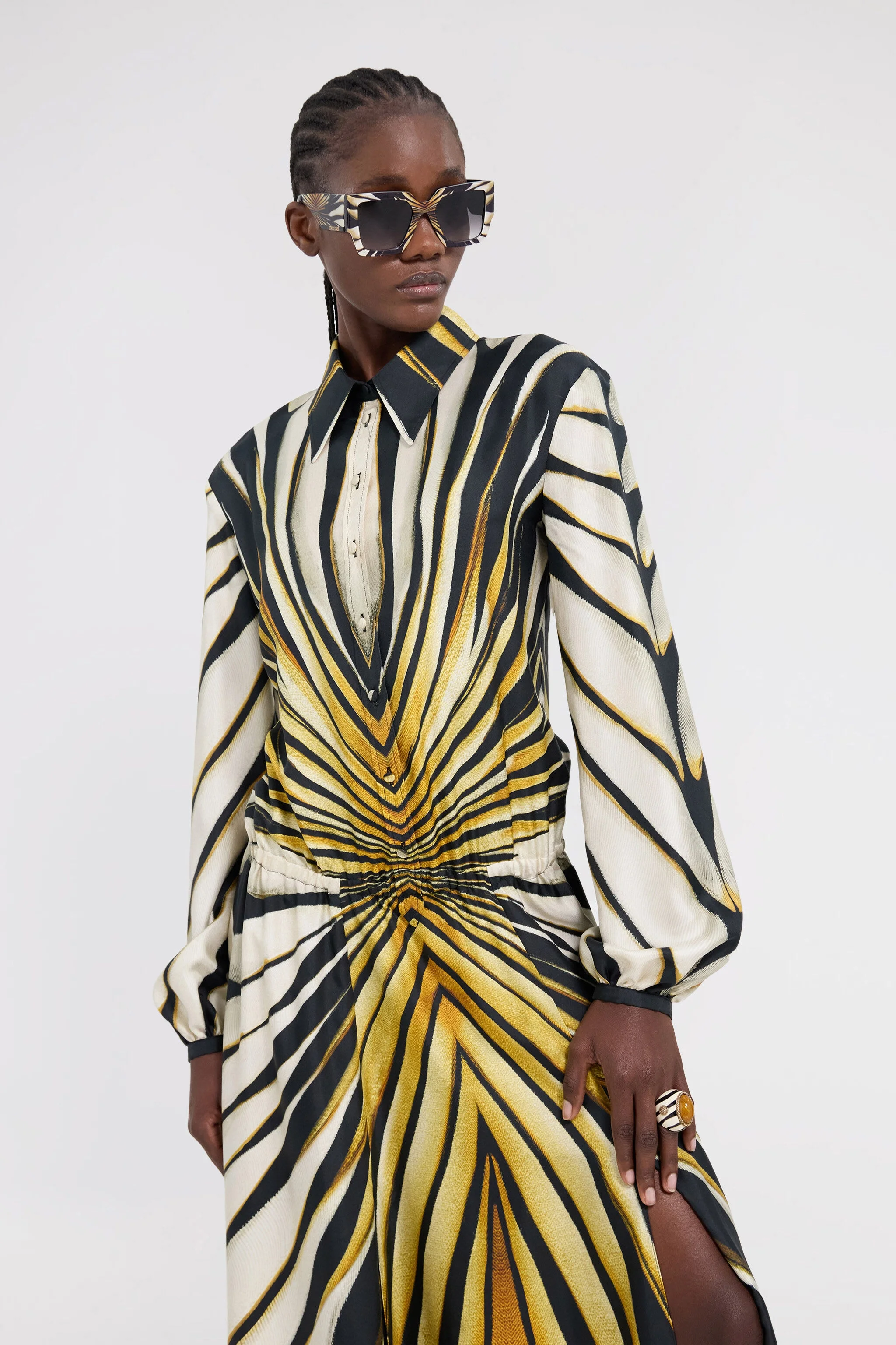 Roberto Cavalli Ray Of Gold Print Silk Midi Dress - TKT110-4QM33-01080 |  REVERSIBLE