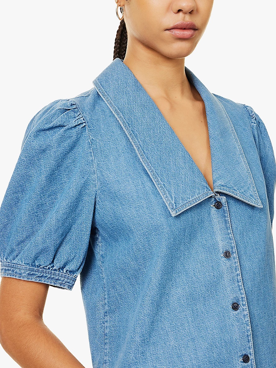 Short-sleeved button-through denim-blend blouse - 5