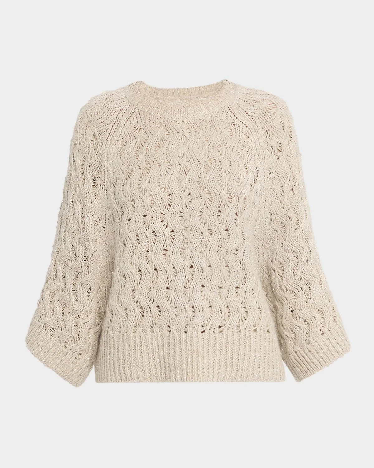 Linen-Silk Paillette Open Knit Crewneck Sweater - 1