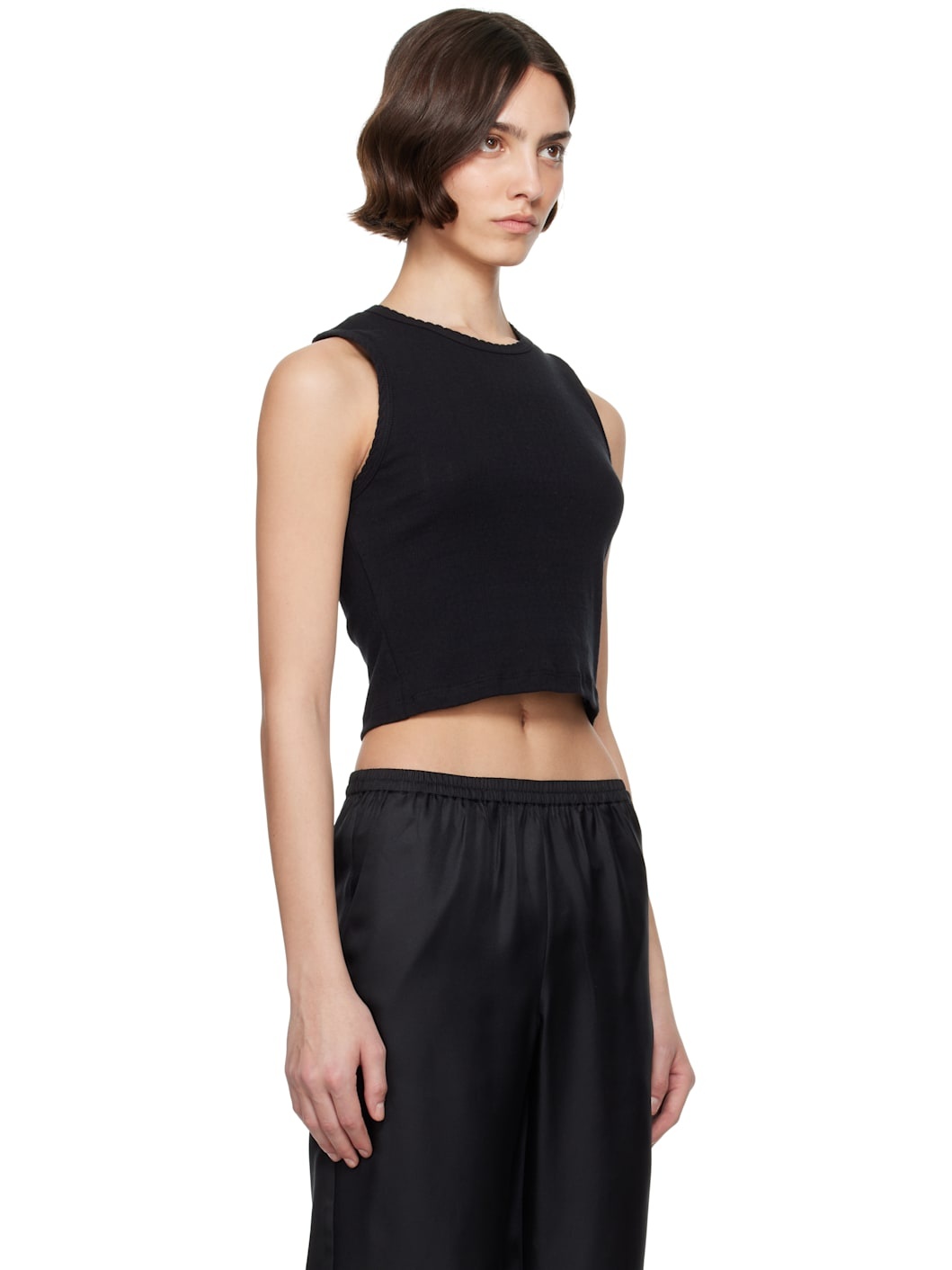 Black Pointelle Sleeveless Crew Tank Top - 2