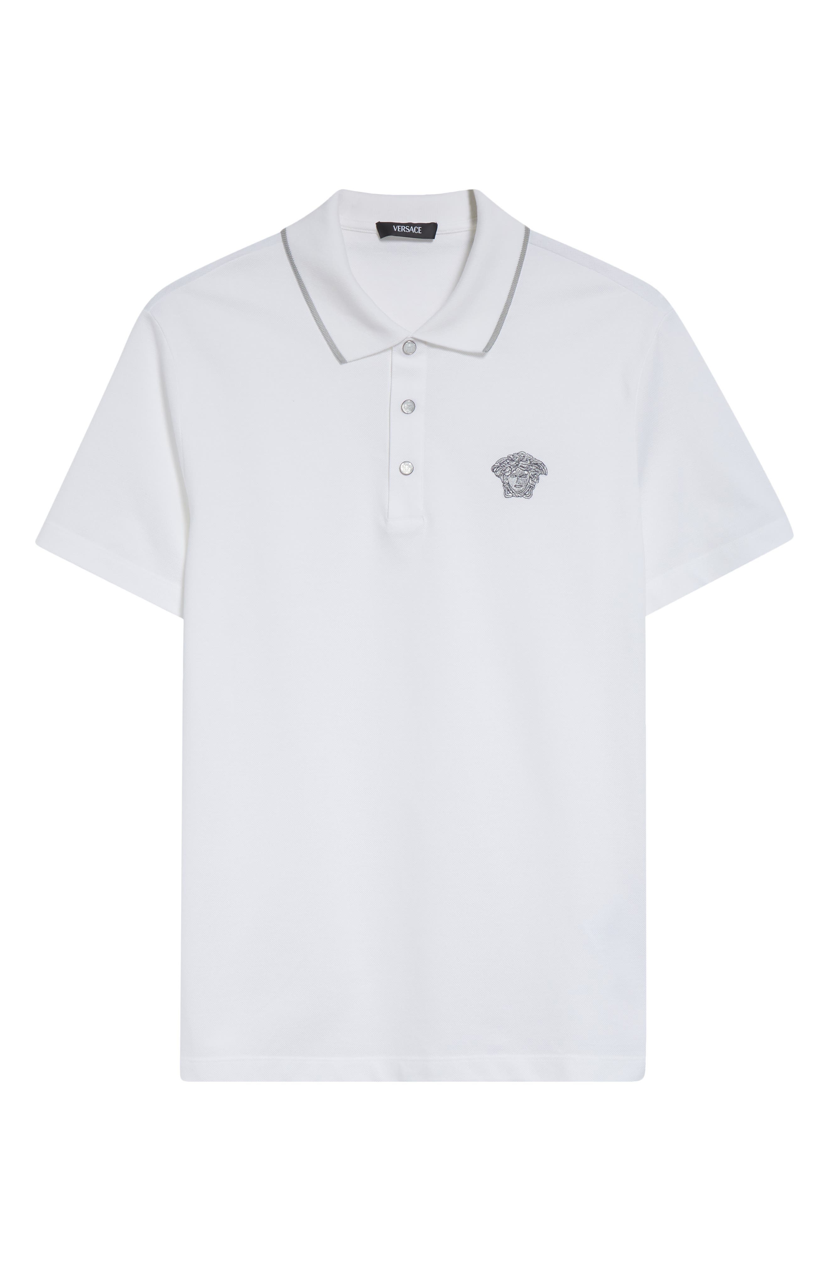 Versace Medusa Embroidered Cotton Piqué Polo in Optical White at Nordstrom - 5