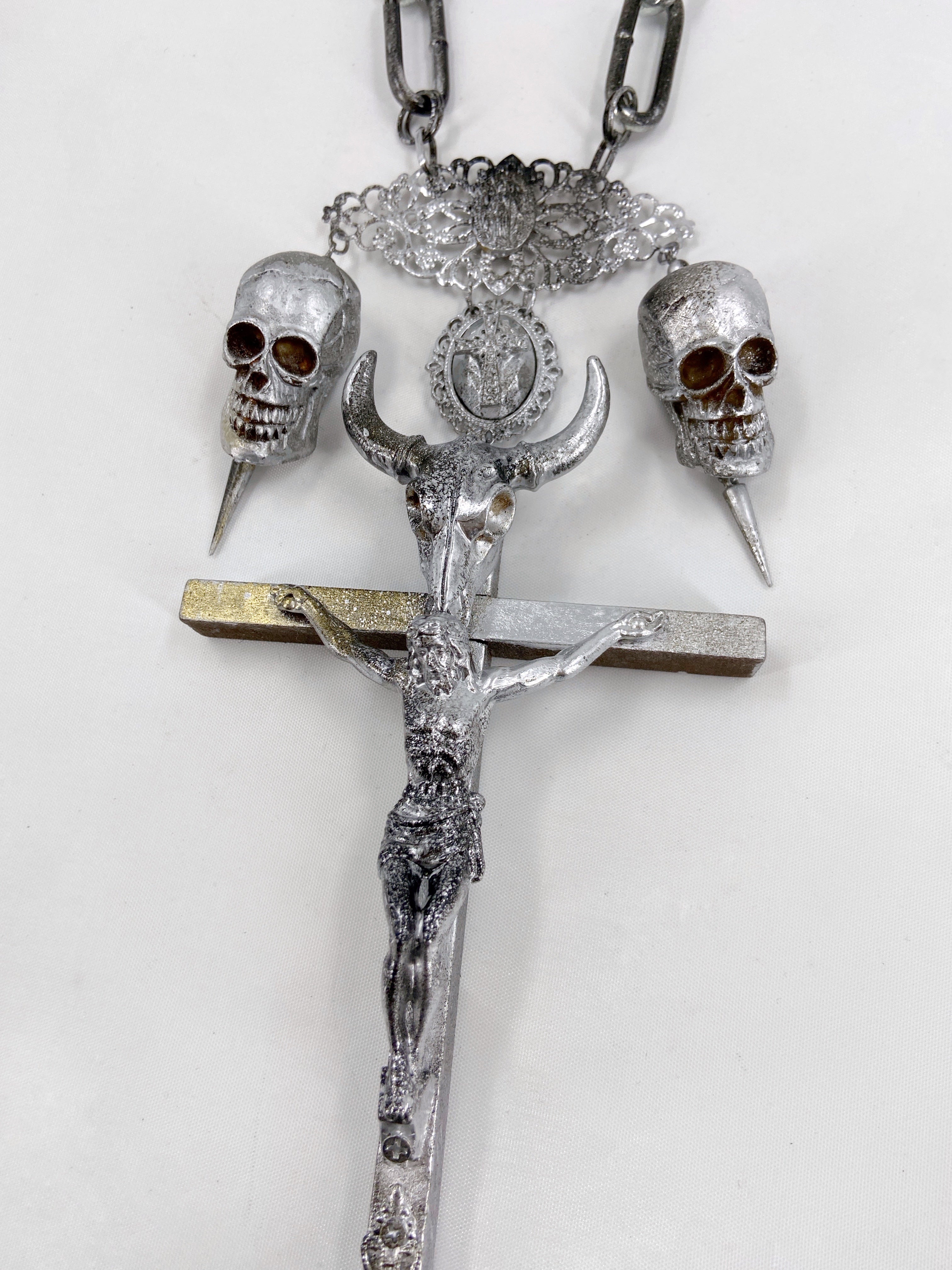 Jean Paul Gaultier 90S Sample 1/1 XXL Silver Crucifix Cross Bull Skull Spiked Chain Necklace - 8