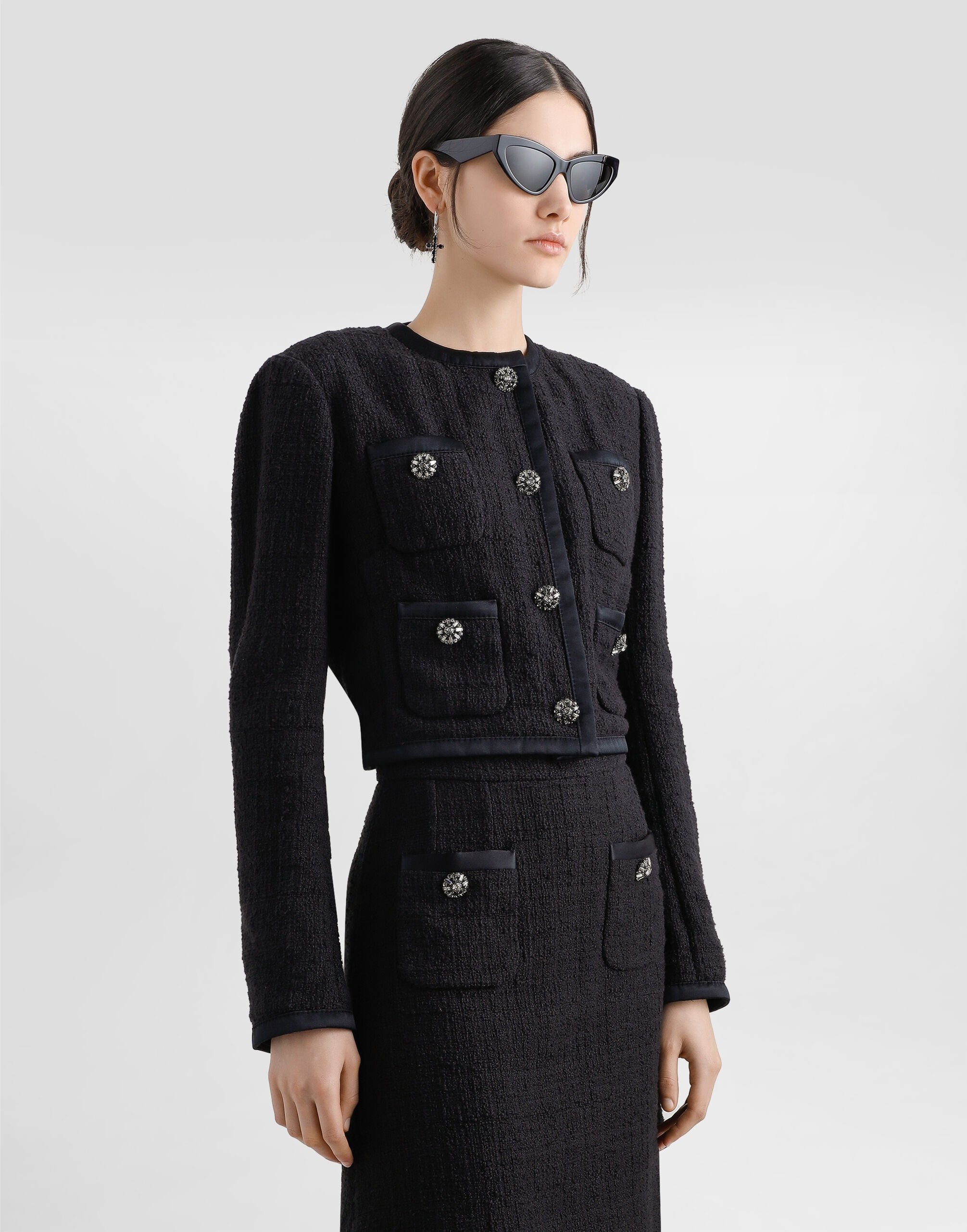 Cropped single-breasted raschel tweed jacket with bejeweled buttons - 4