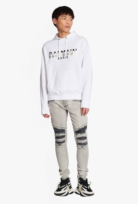 White eco-designed cotton sweatshirt with black and silver Balmain Paris metallic logo print - 2