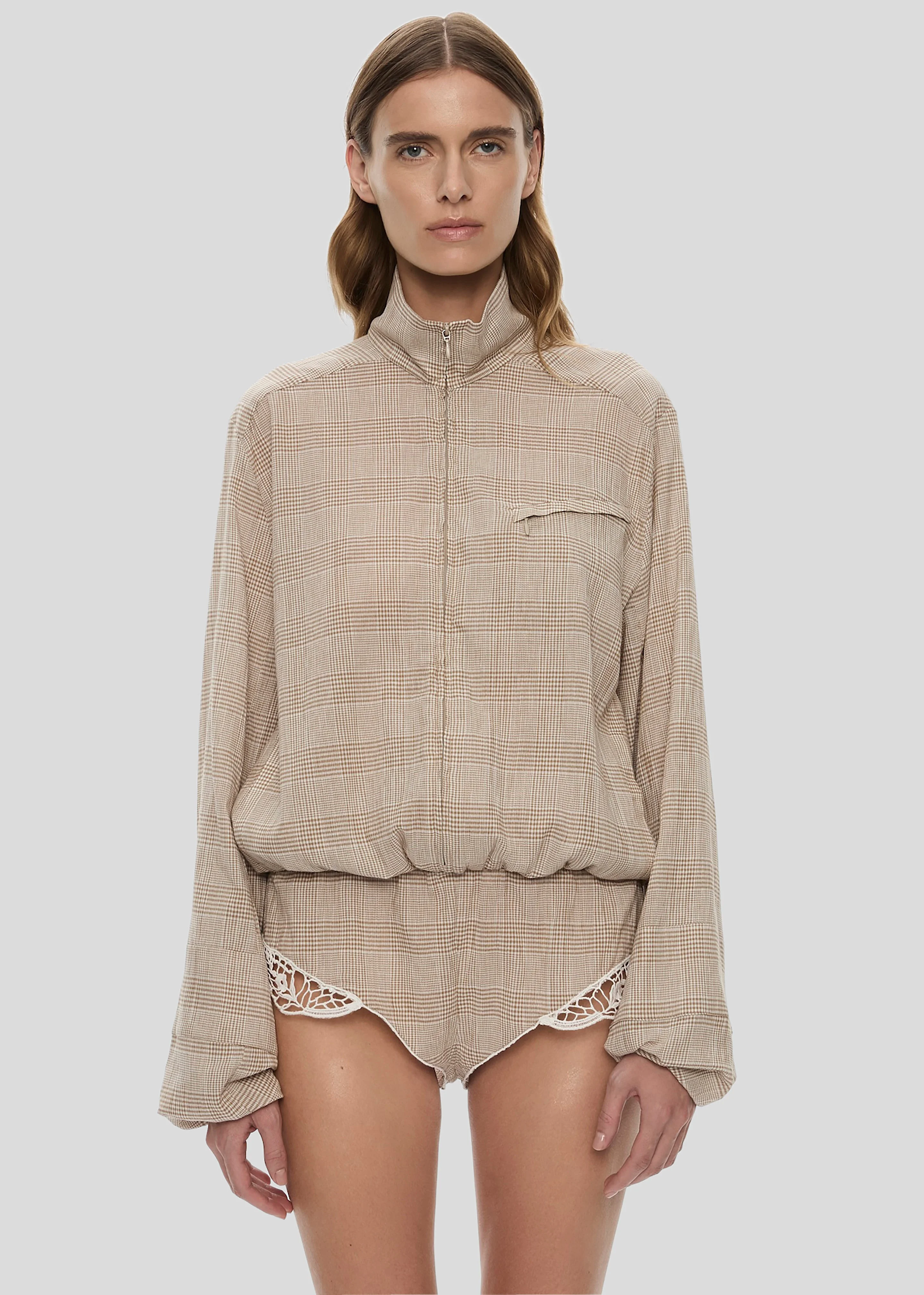Christopher Esber Batiste Embroidered Handkerchief One Piece - Sepia Check - 1