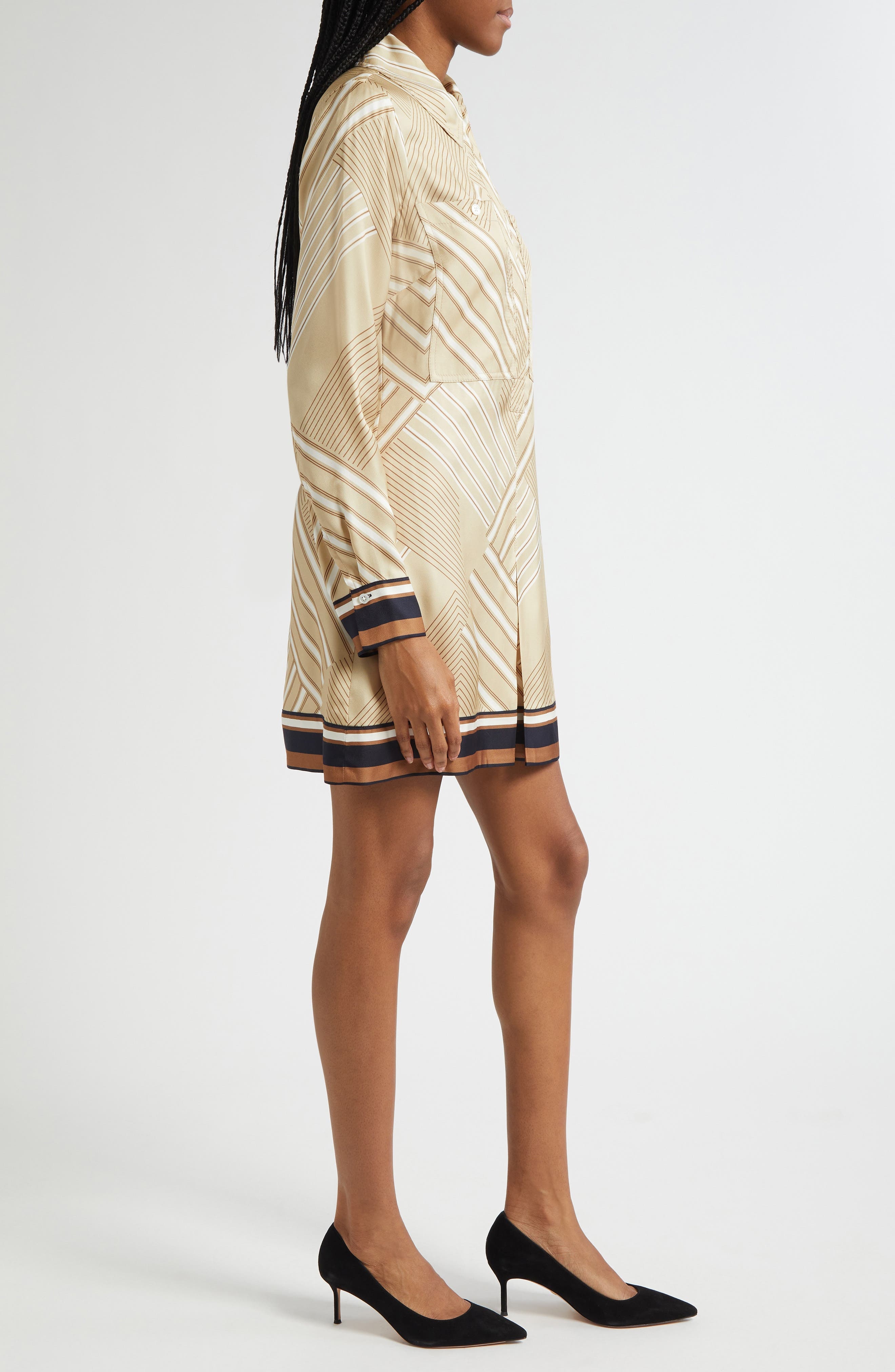 Veronica Beard Pryce Border Print Long Sleeve Silk Blend Shirtdress in Stone Khaki Multi at Nordstro - 3