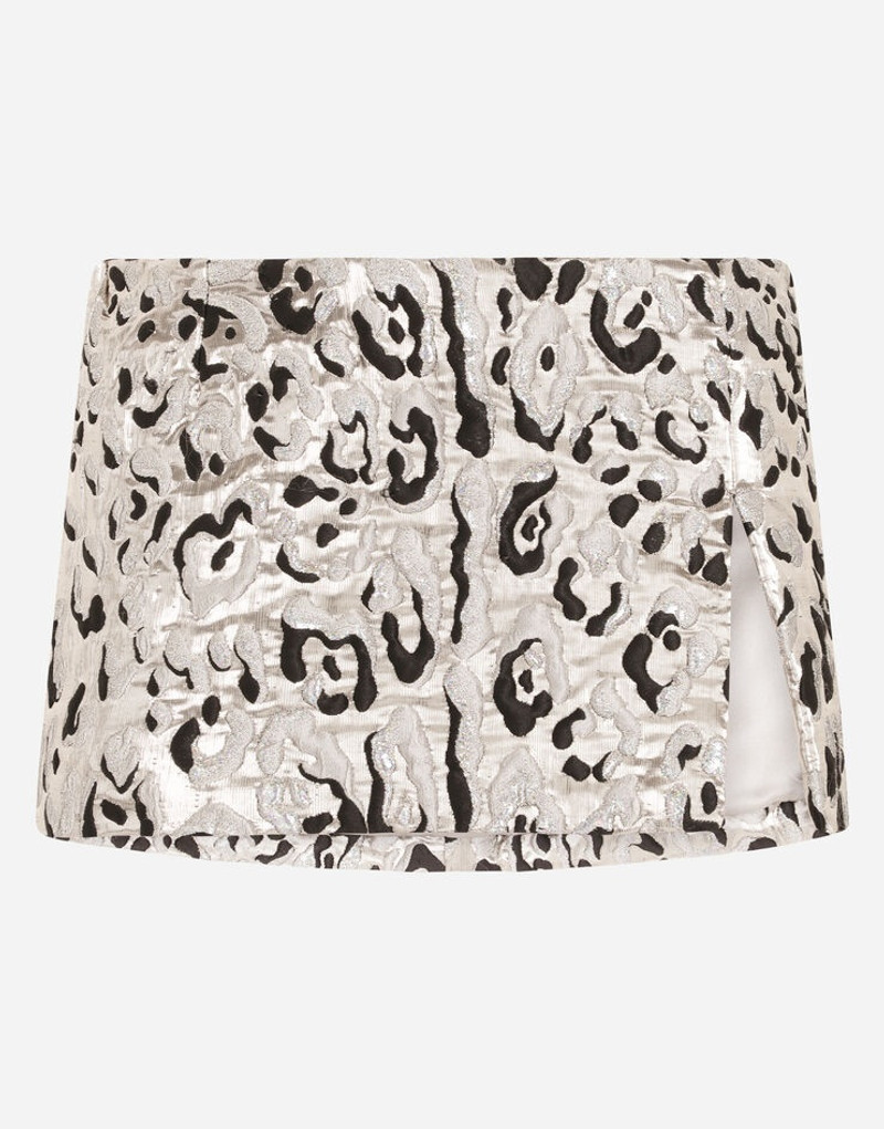 Lamé cloque jacquard miniskirt with leopard design 1
