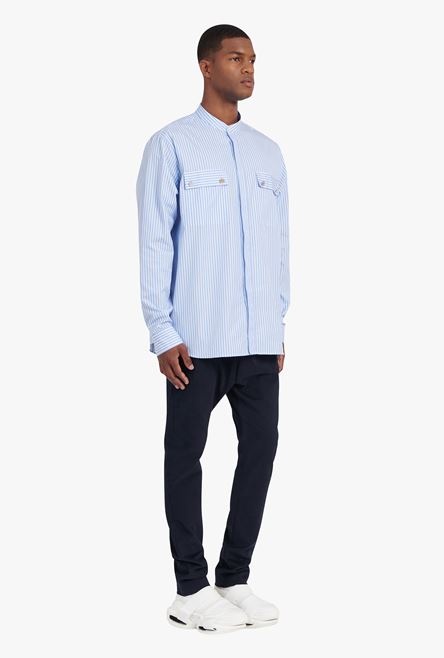 Striped pale blue cotton shirt with embroidered Balmain badge - 7