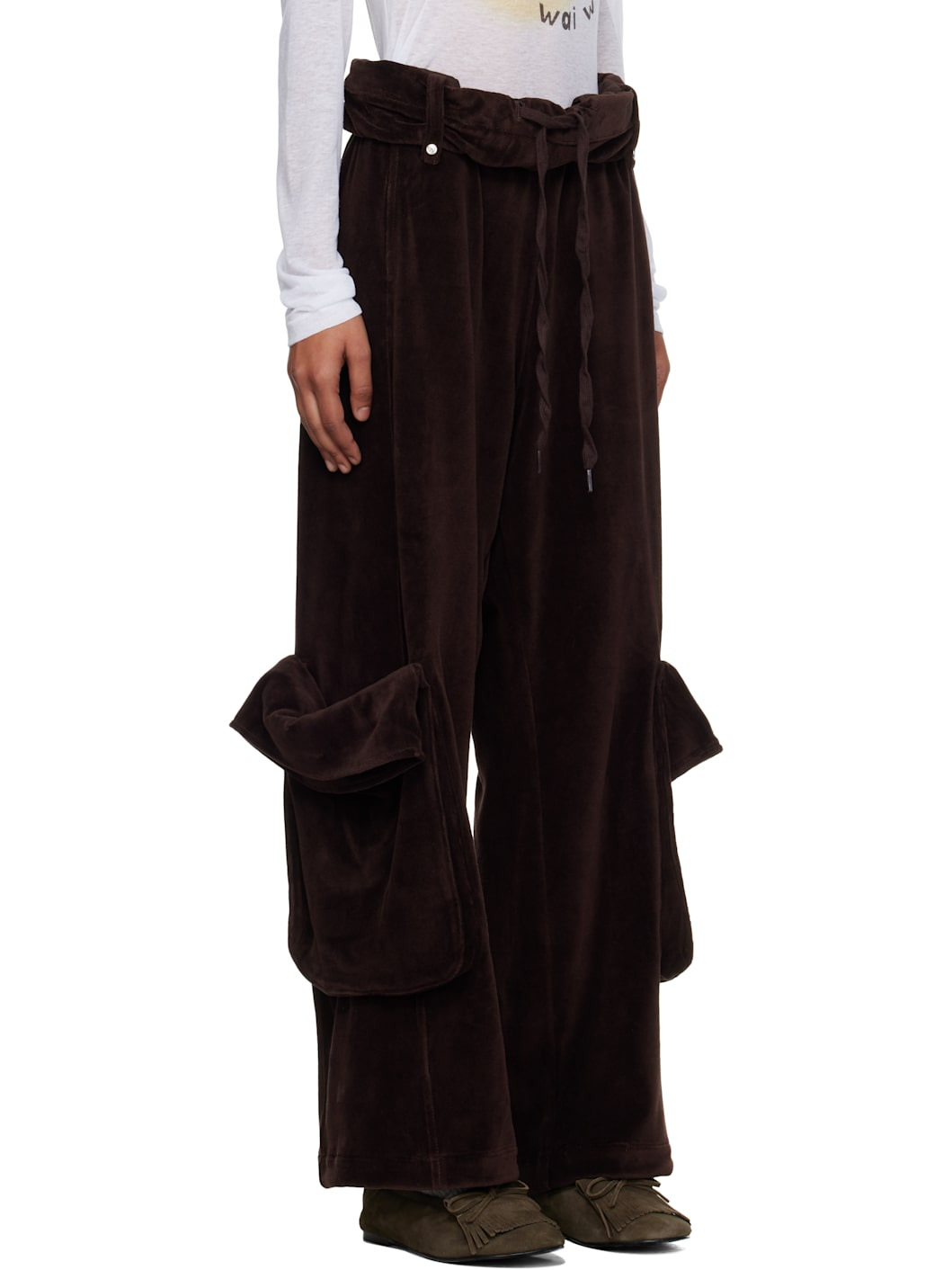 Brown Rolled Waist Velour Cargo Pants - 2