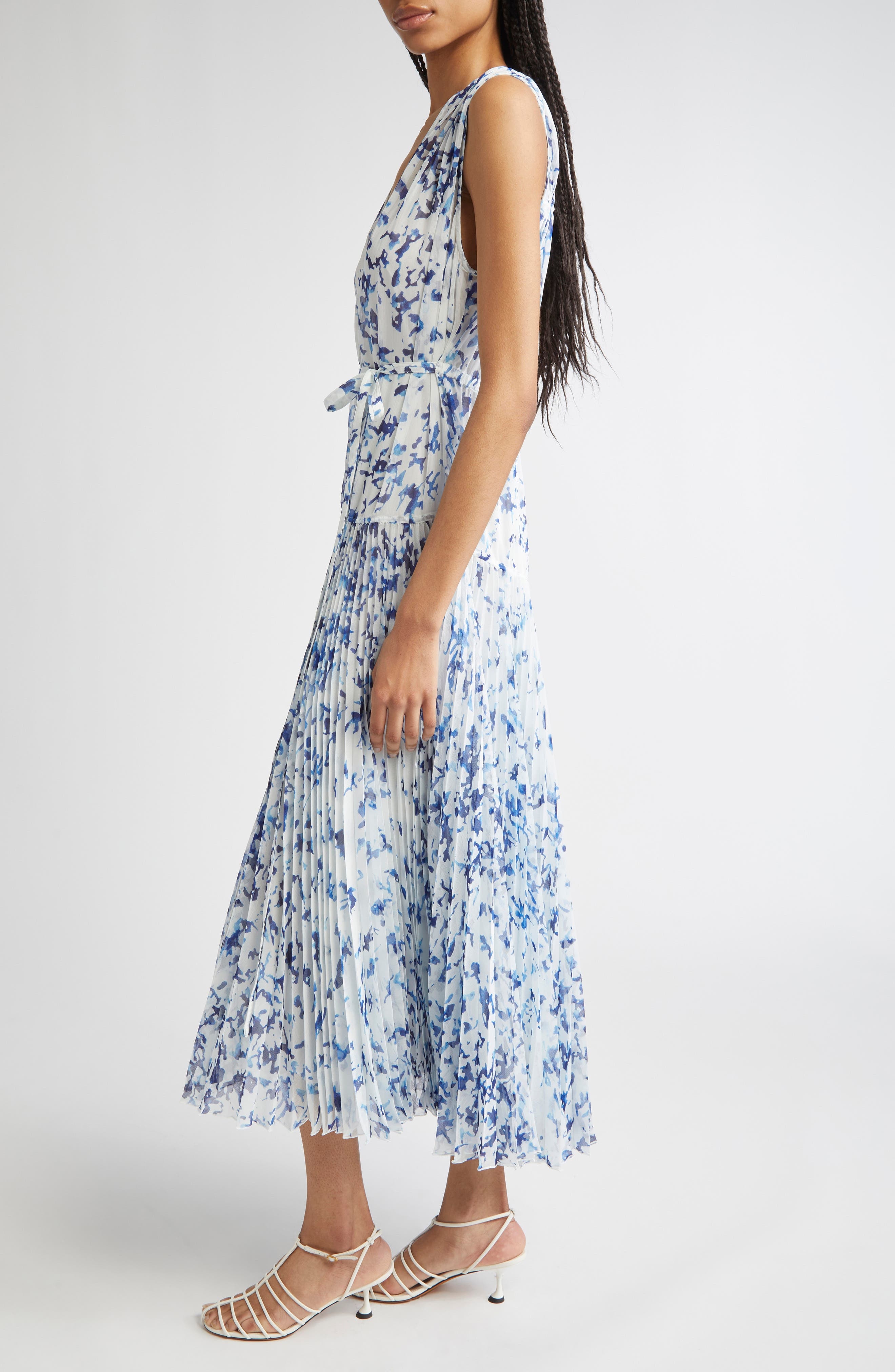 Proenza Schouler Pat Print Pleated Sleeveless Chiffon Dress in Off White Multi at Nordstrom - 3