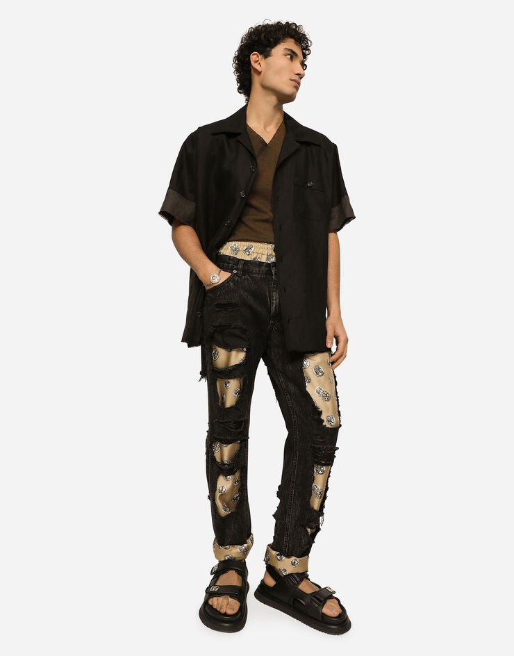 Jeans with coin print silk twill interior - 5