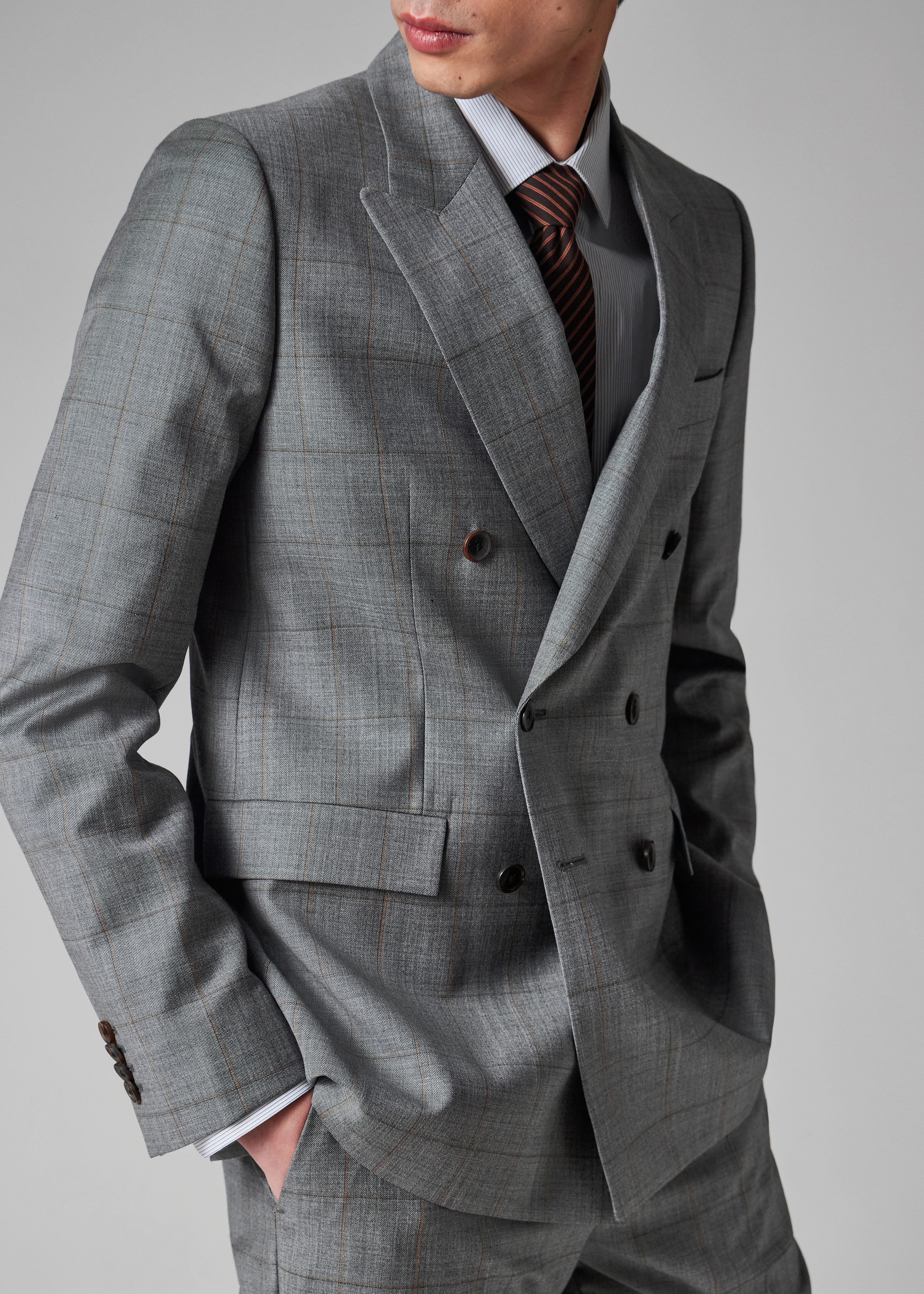 Grey Windowpane Check Wool Double-Breasted Suit - 10