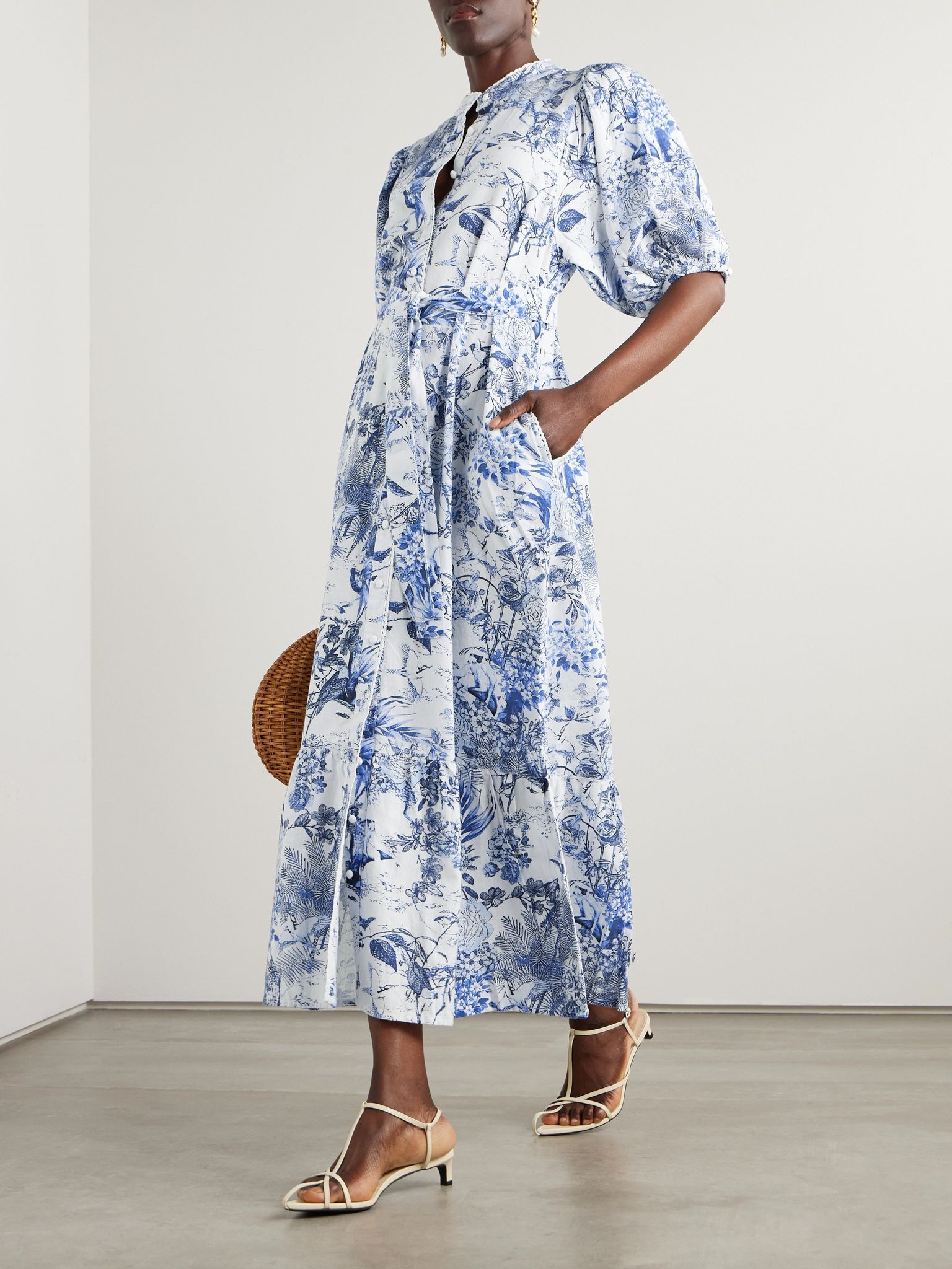 Kitty belted printed cotton and linen-blend midi dress Blue - 2