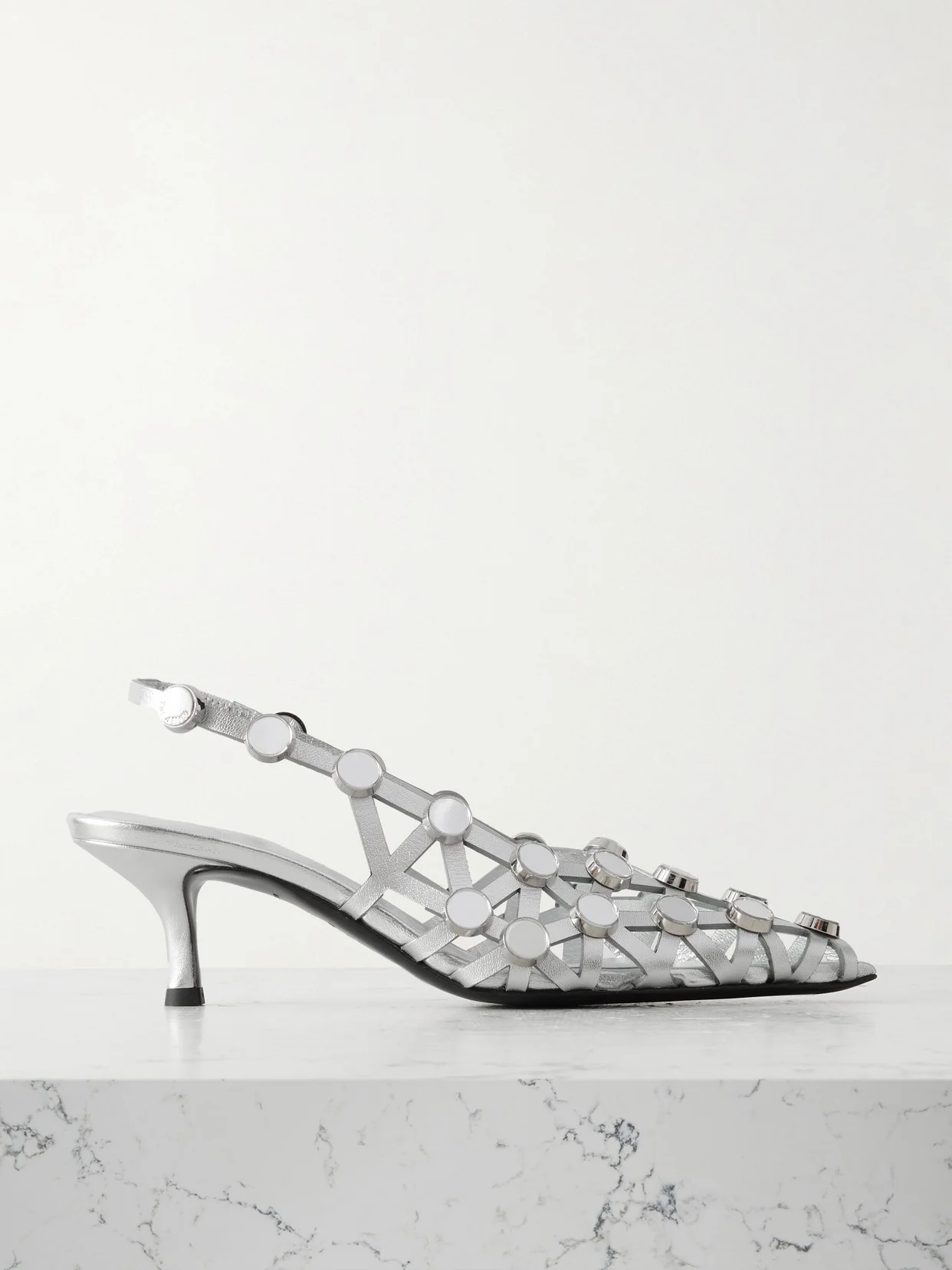 Grid Studded Metallic Leather Slingback Pumps - 1
