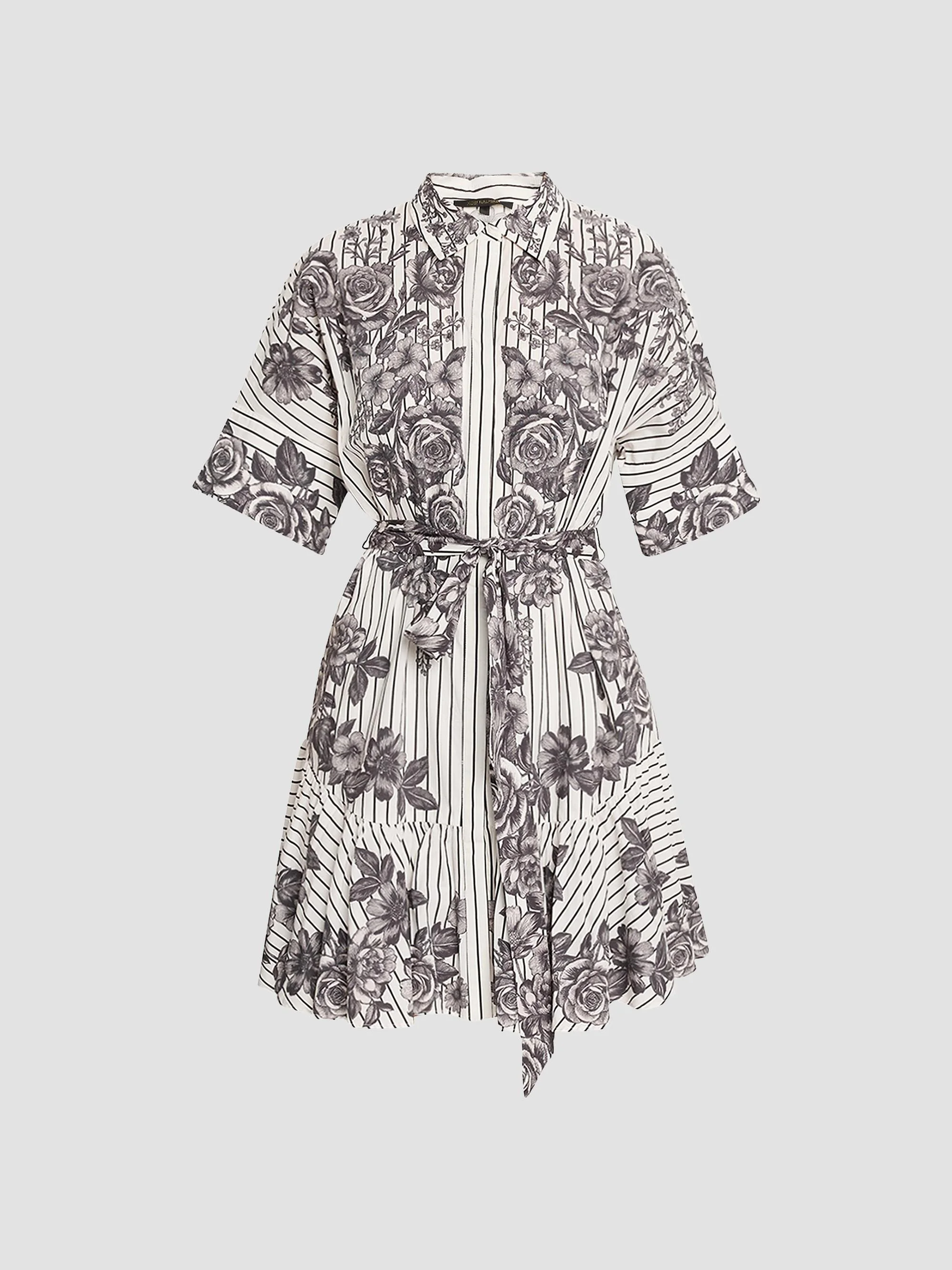 Women's Hayden Floral Striped Shirtdress - Black White - 1