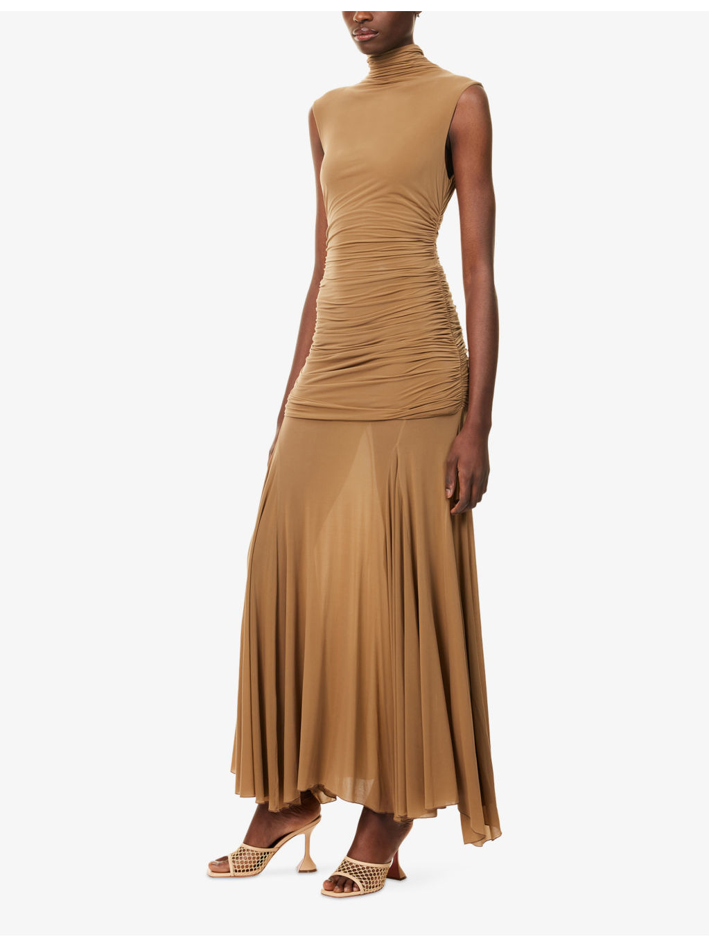 High-Neck Ruched Stretch-Woven Midi Dress - 3