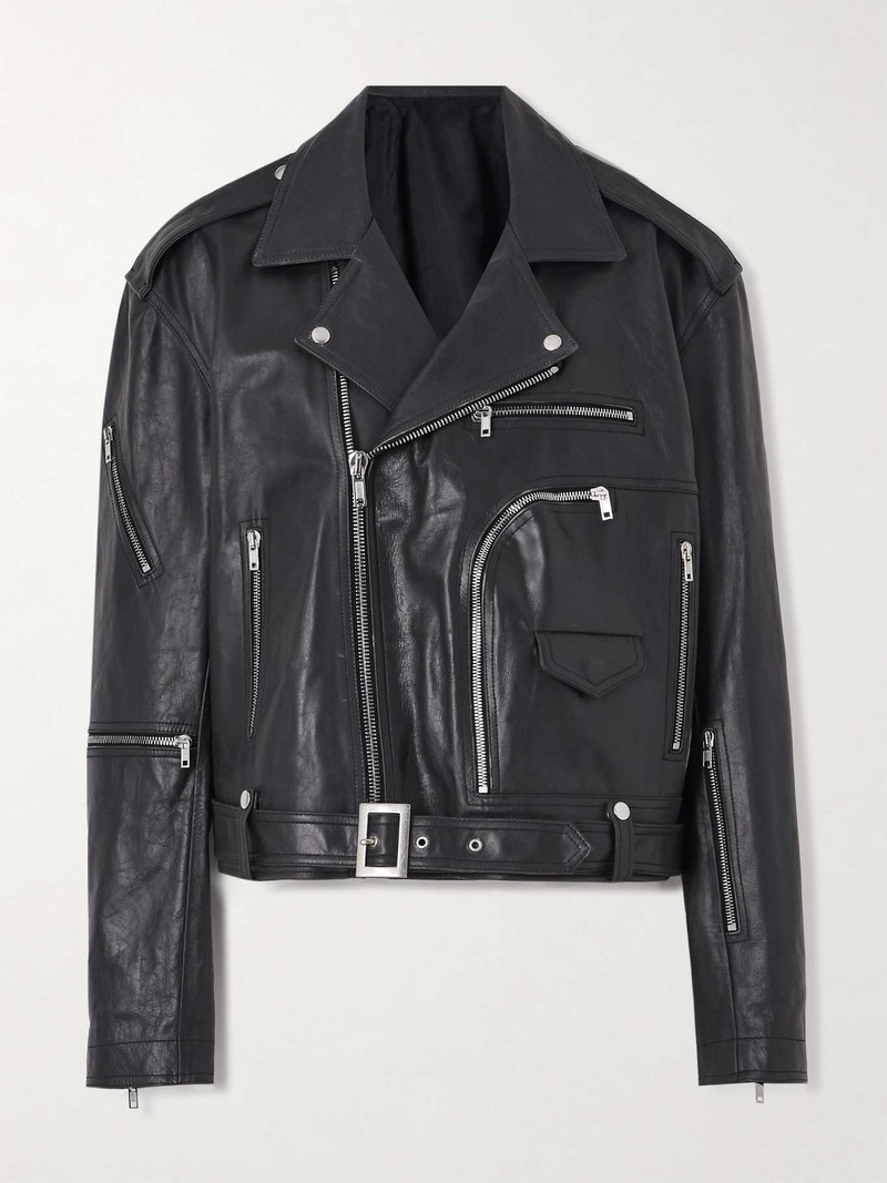 Belted leather biker jacket Black 1