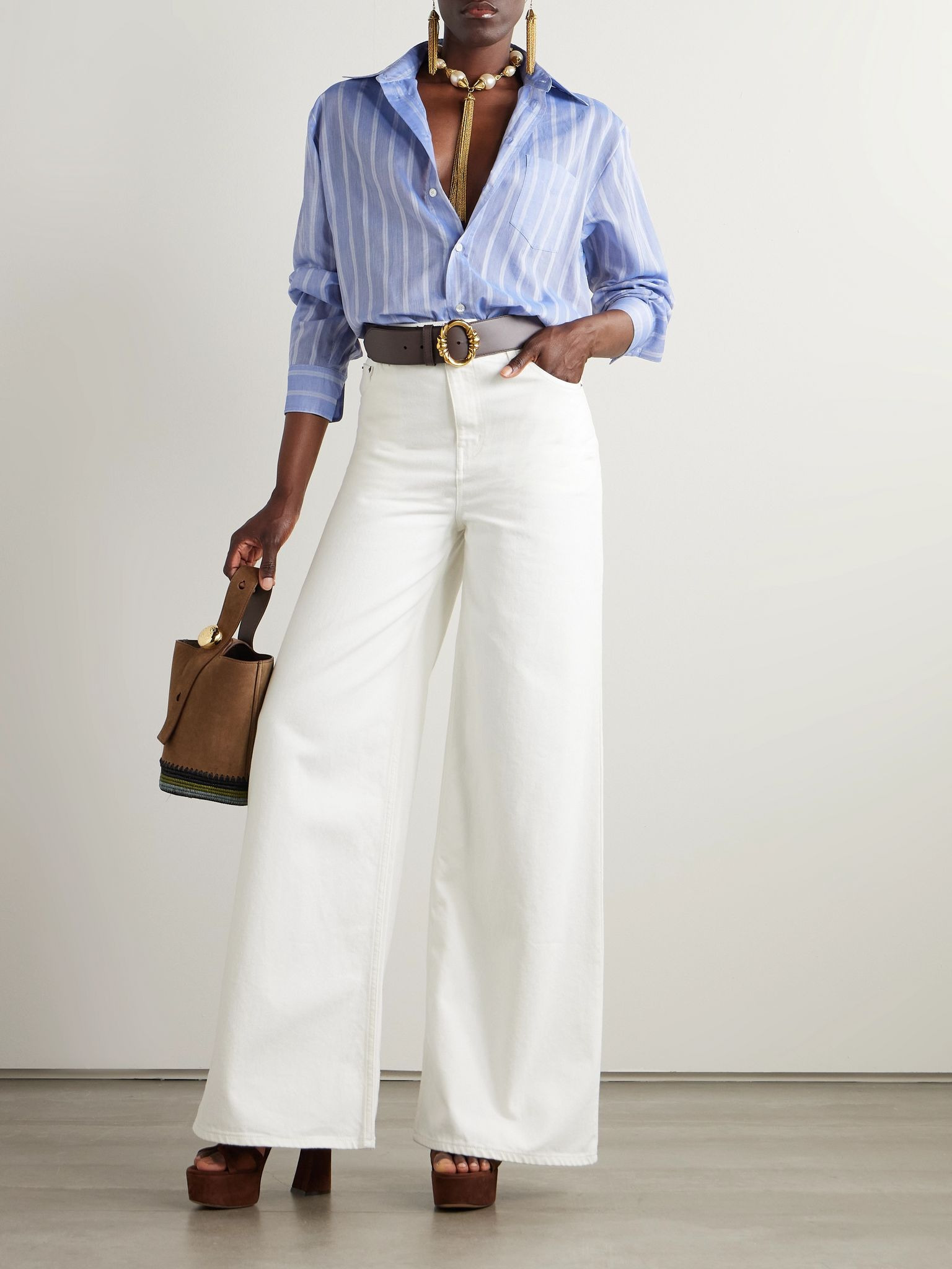Printed silk and striped cotton-voile shirt Blue - 2
