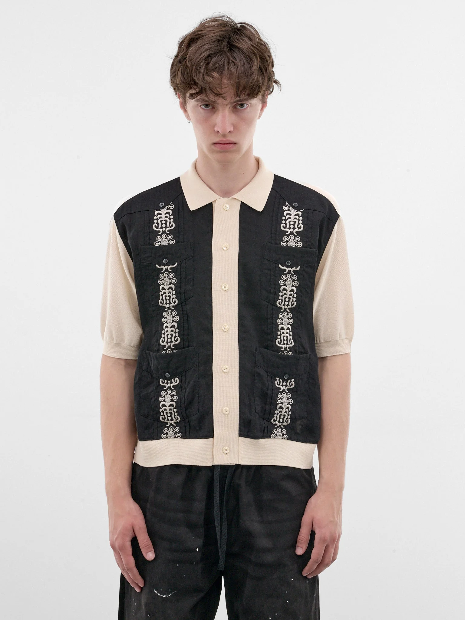 Black Embroidered Knit Polo Shirt - 1