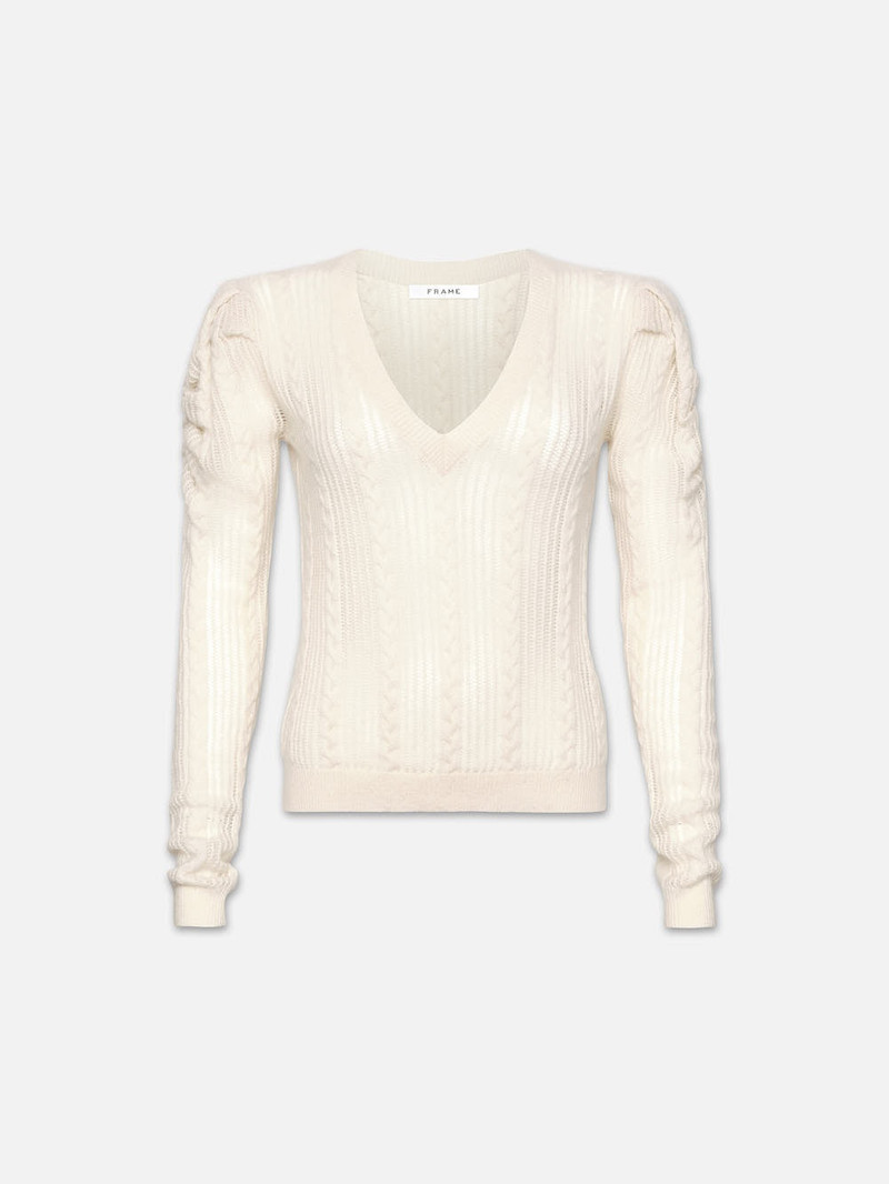 Pointelle Cashmere Ruched Sweater in Off White 1