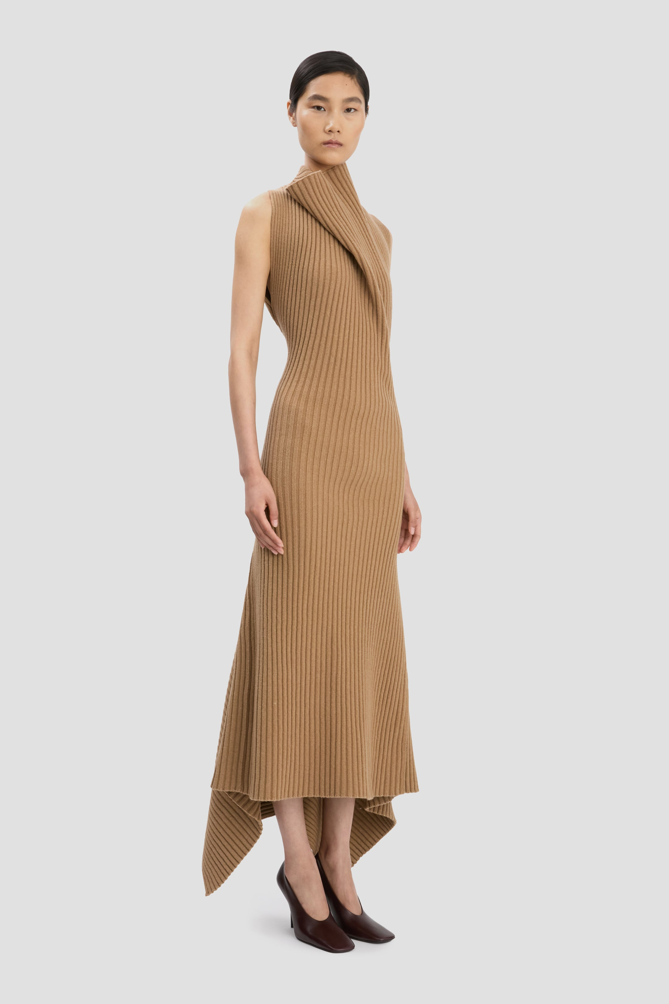 Draped Sleeveless Rib Midi Dress In Dark Camel - 4
