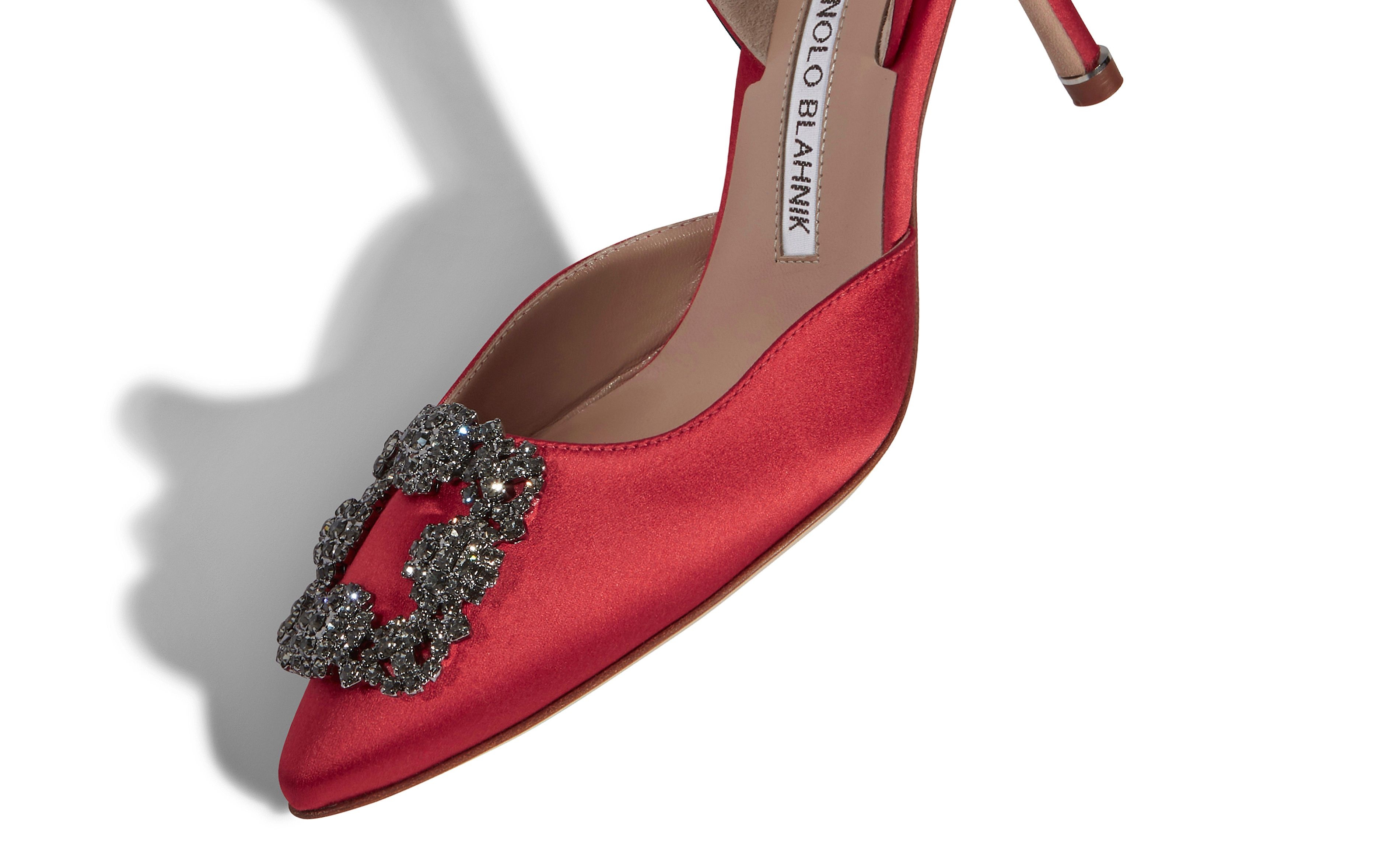 Red Satin Jewel Buckle Slingback Pumps - 4