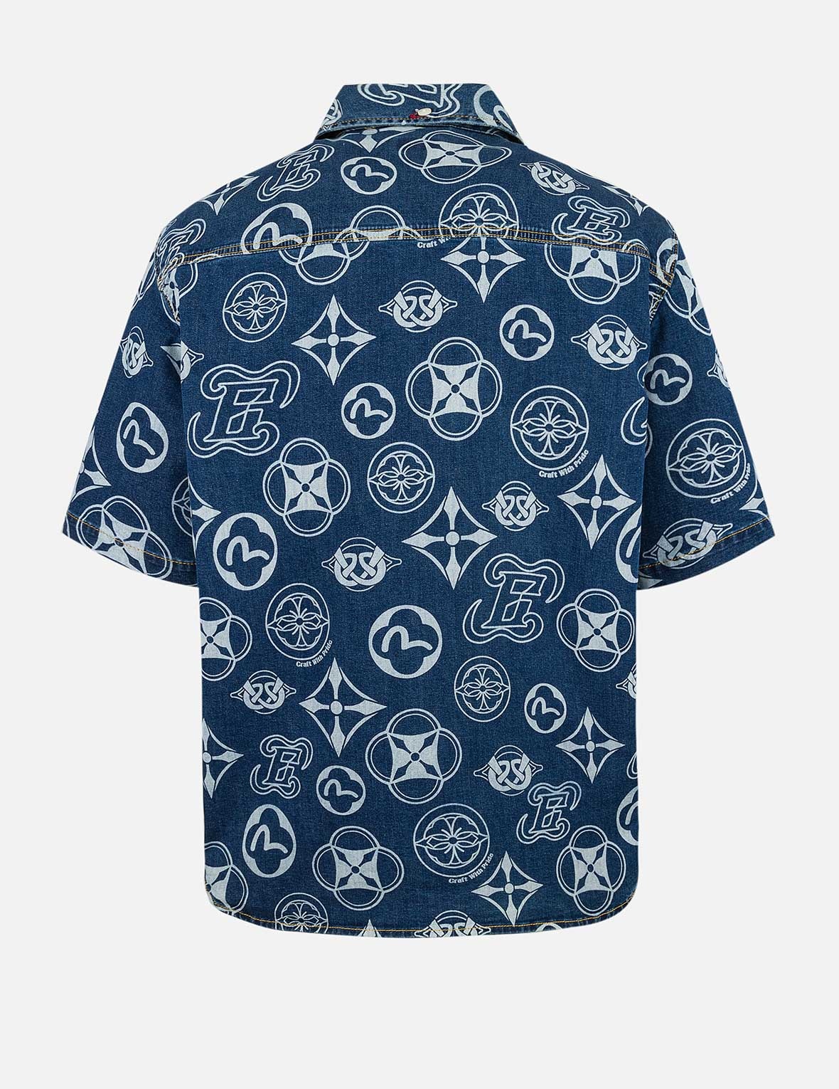 Allover Kamon Print Relax Fit Denim Short Sleeves Shirt - 2