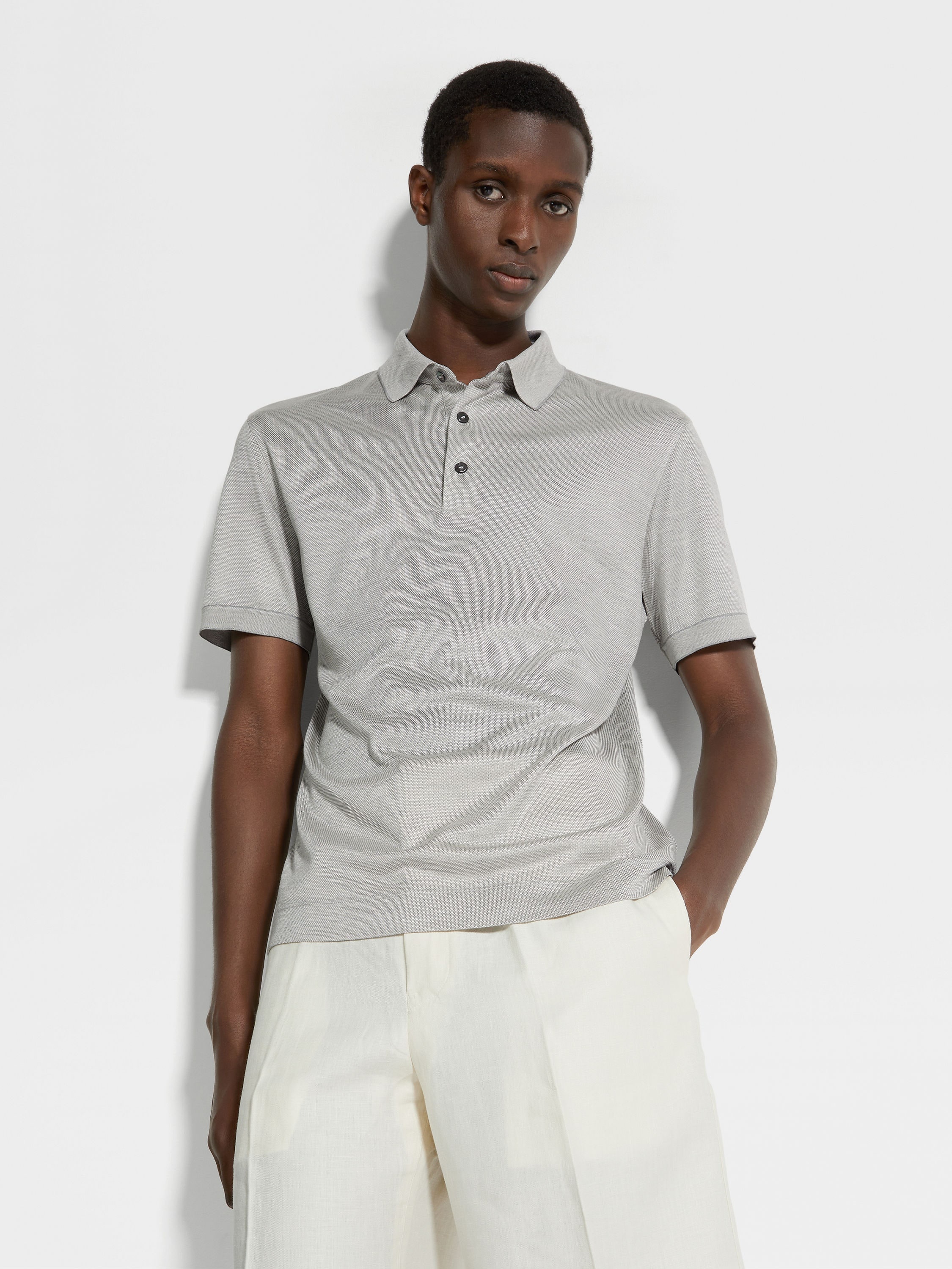 LIGHT GREY ZEGNA SILK POLO SHIRT - 3