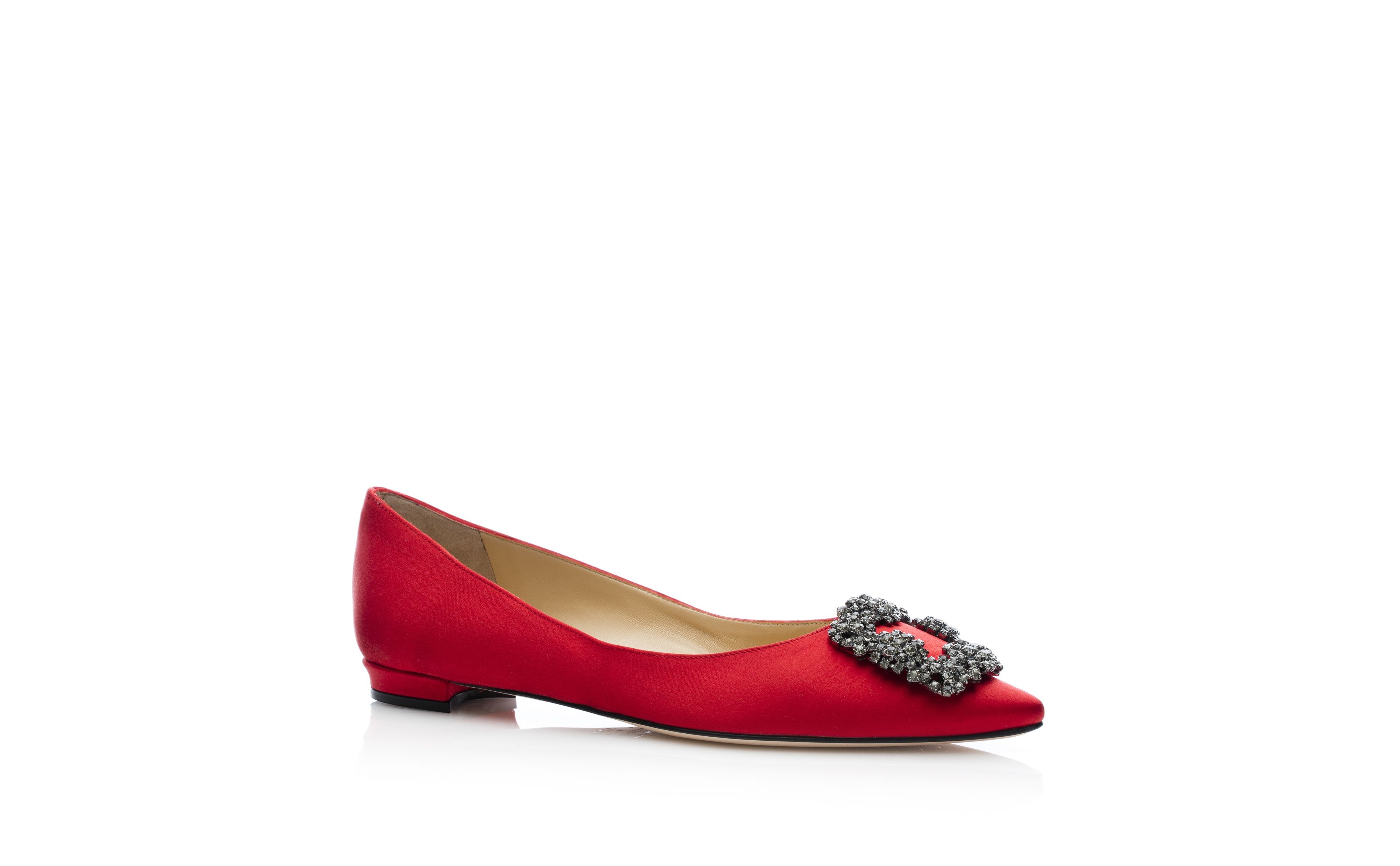 Red Satin Jewel Buckle Flat Shoes - 3