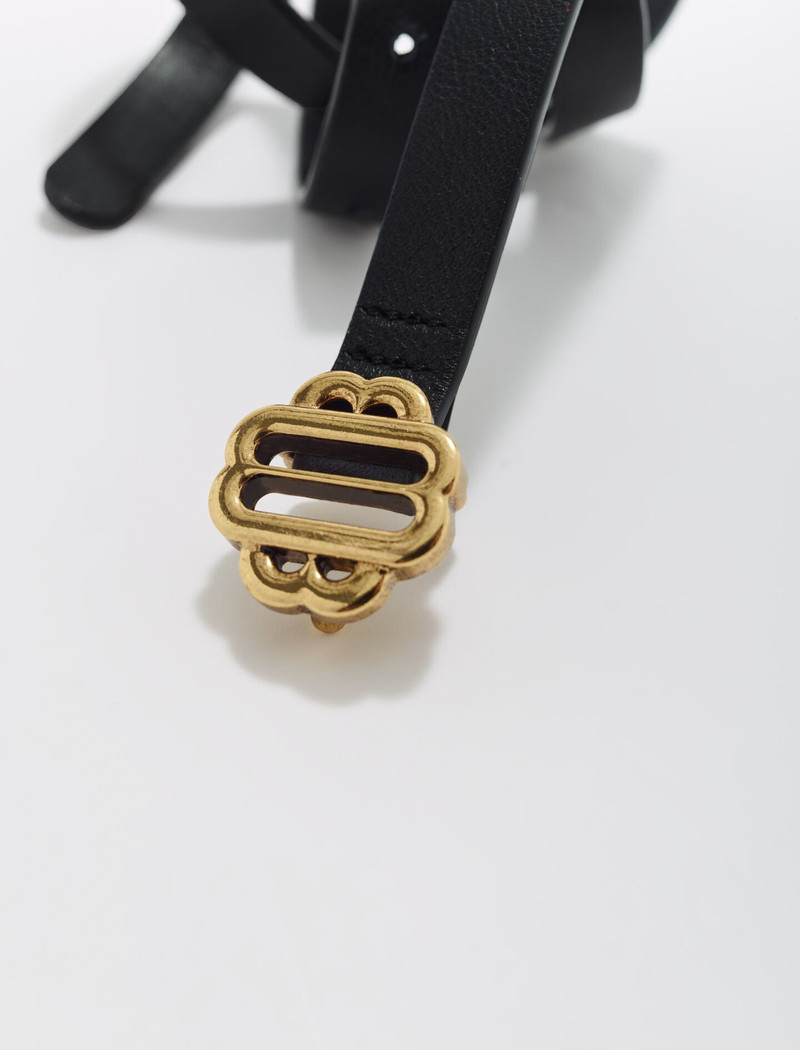 maje Narrow black leather belt gold buckle outlook