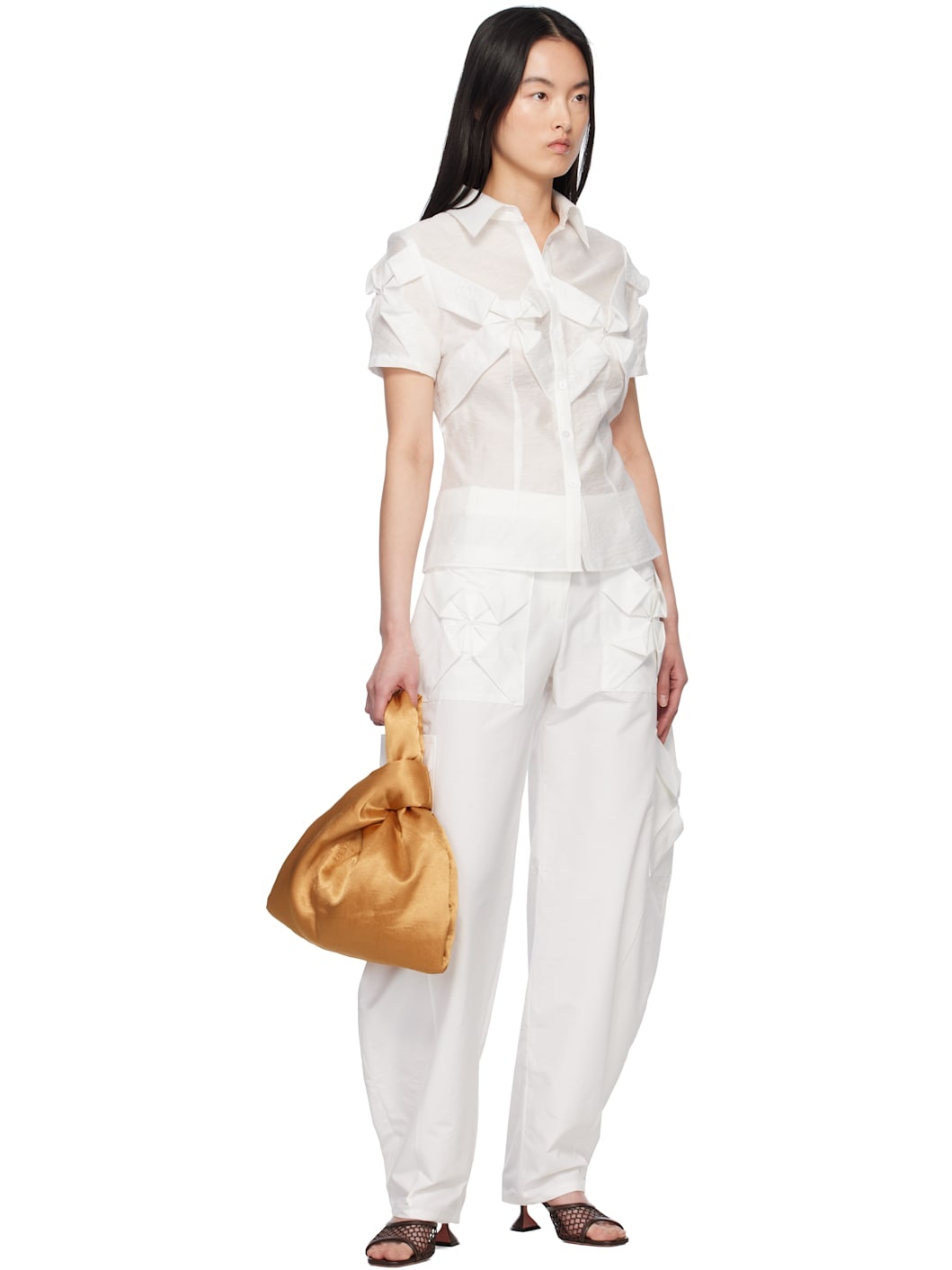 White Smocked Cargo Pants - 4