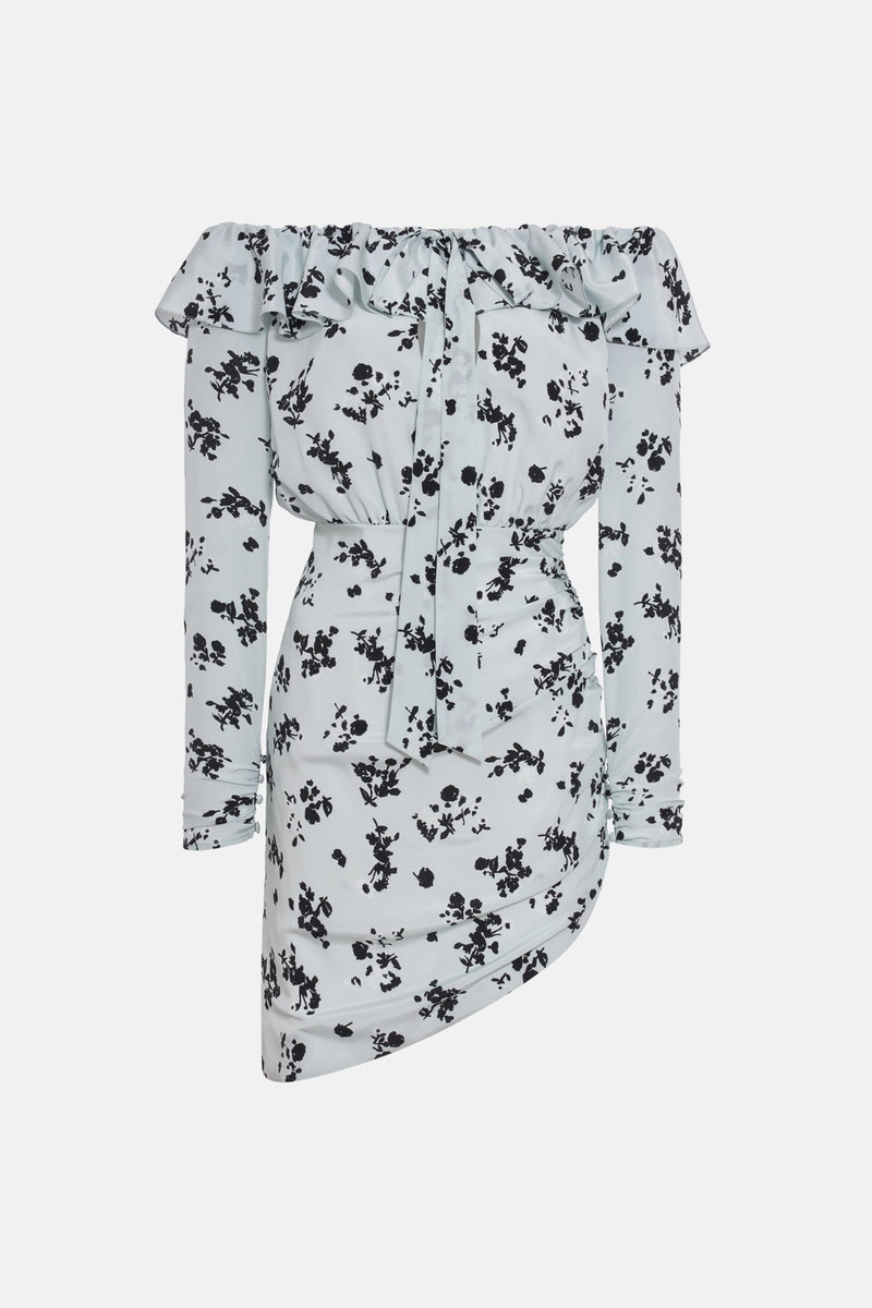 ROSE PRINT SILK OFF THE SHOULDER MINI DRESS 1