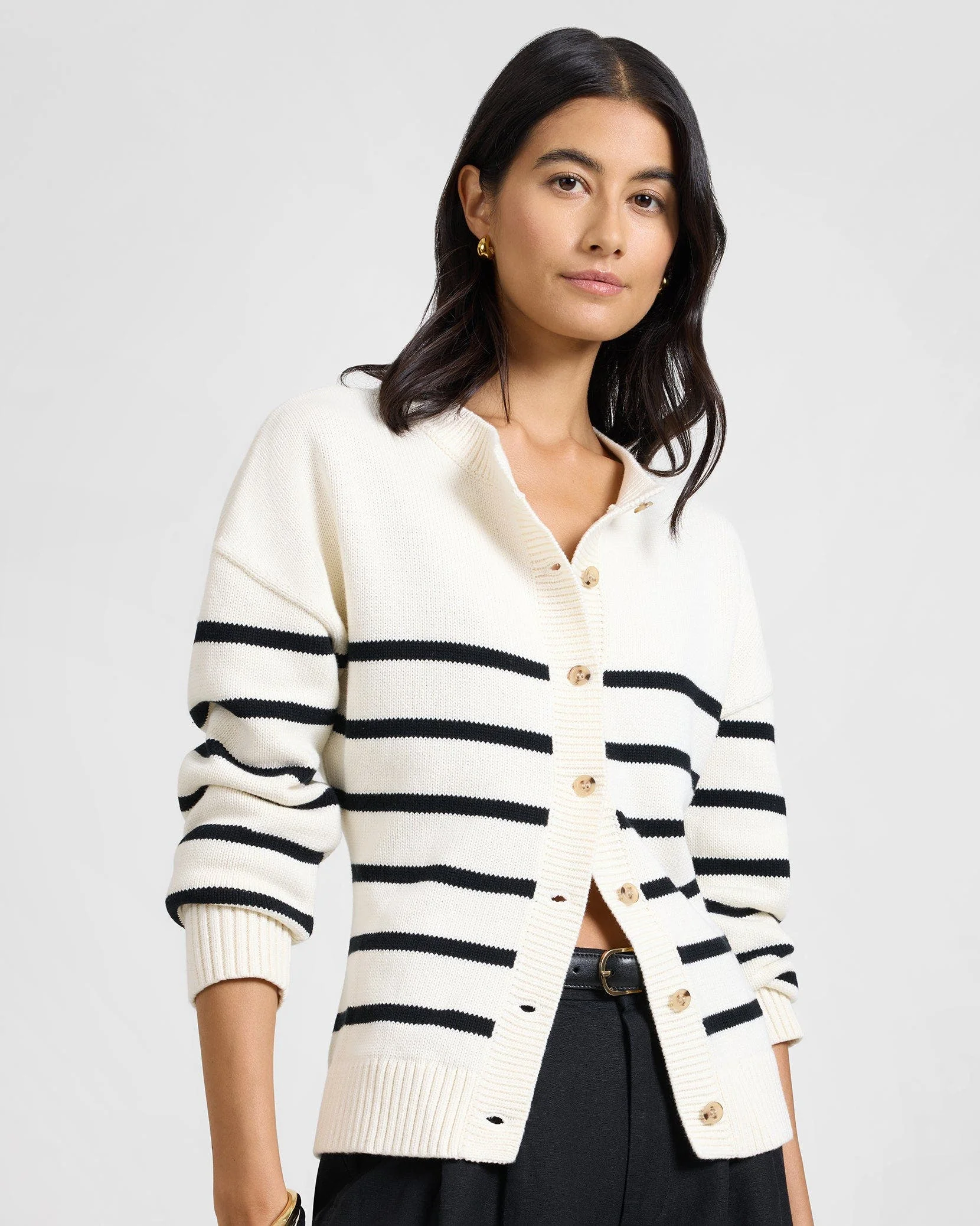 Onia Cotton Fitted Cardigan in Noir Navy/white at Nordstrom - 1