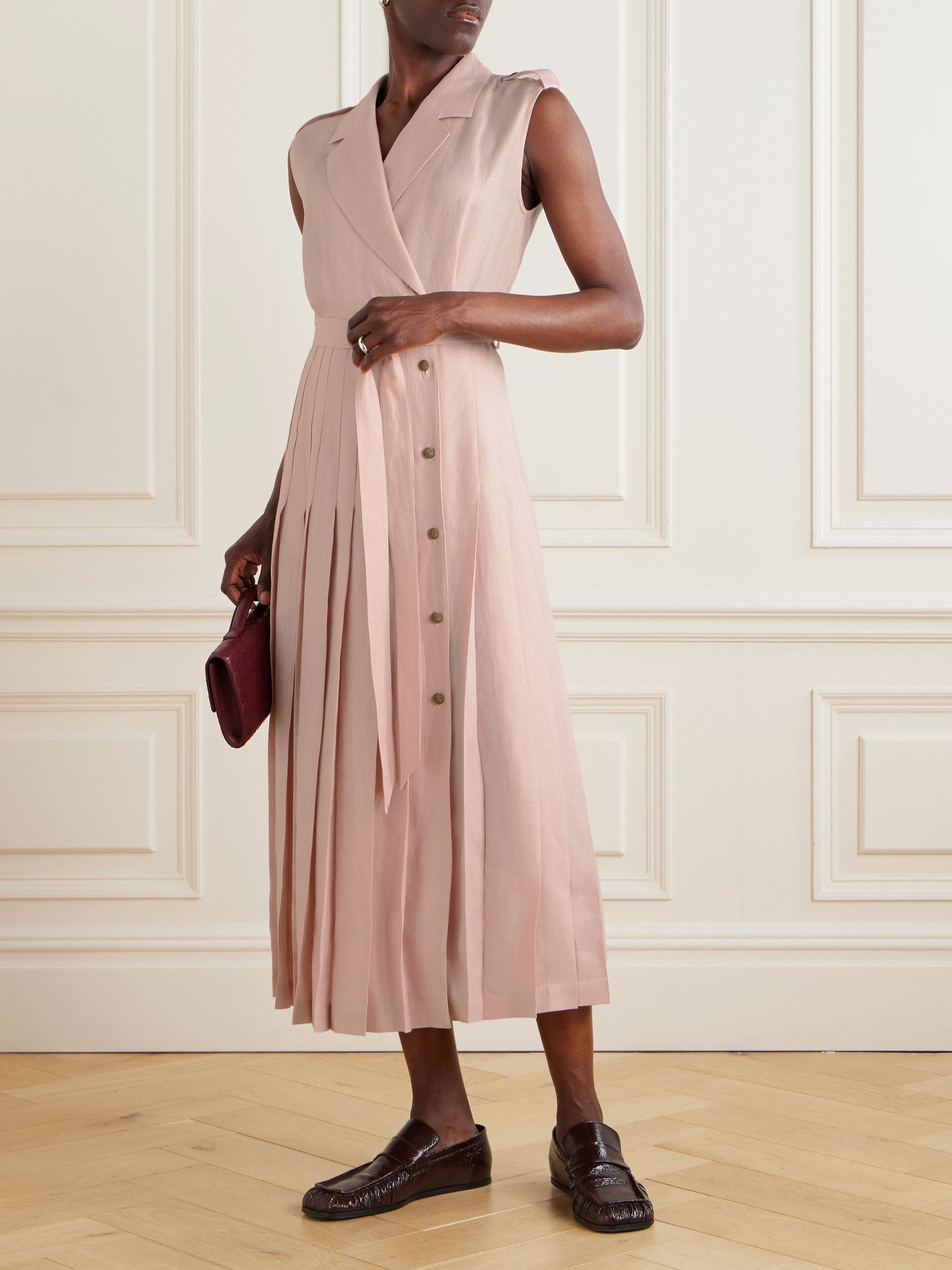 Bryce belted pleated linen midi wrap dress Baby pink - 2