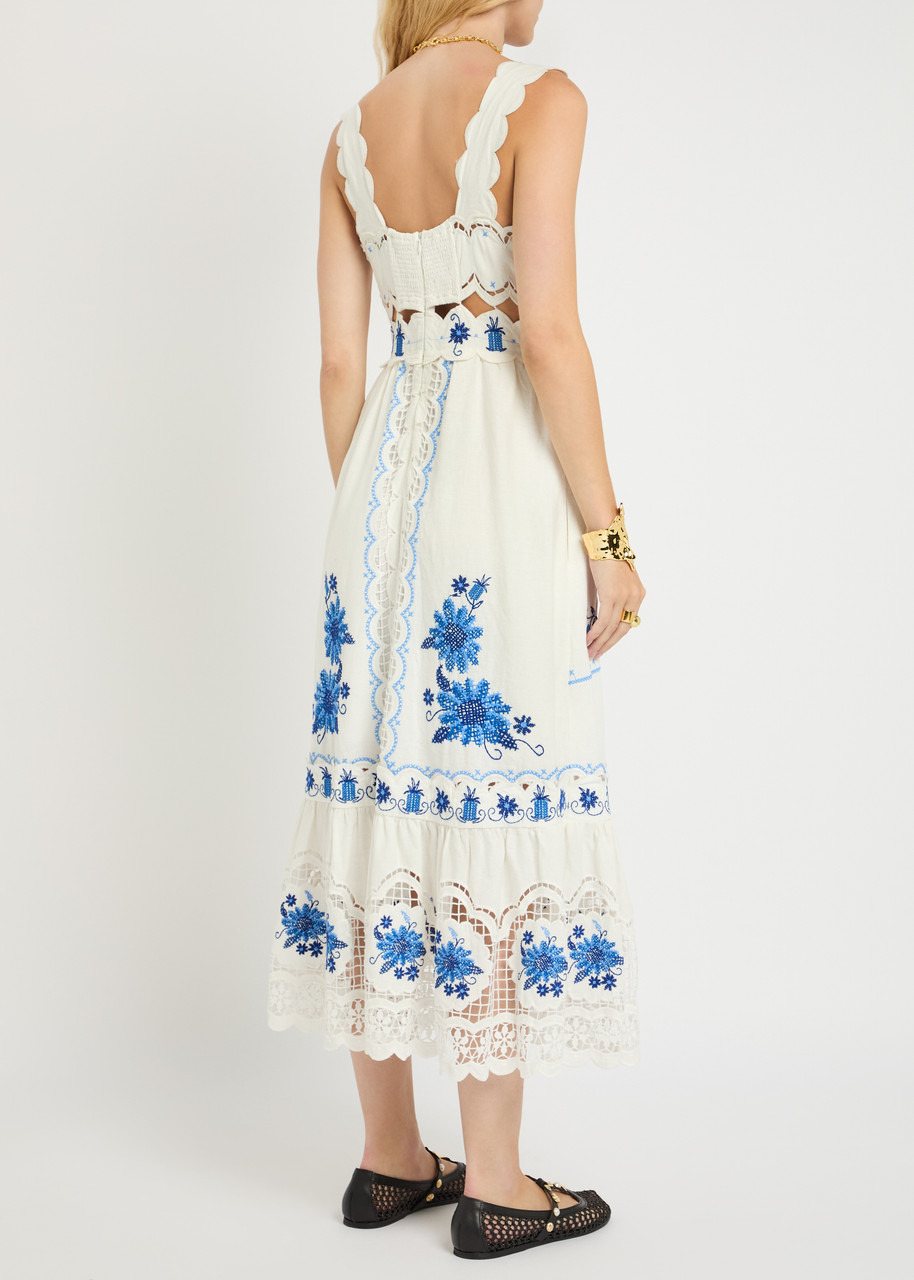 Farm Rio Floral-embroidered Linen-blend Midi Dress - 3