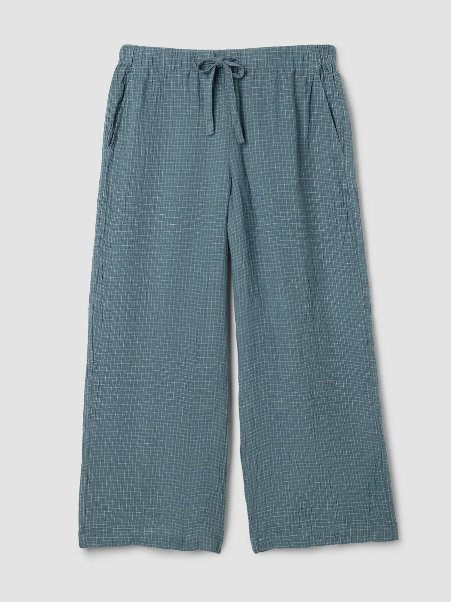Puckered Organic Linen Grid Wide-Leg Pant - 1