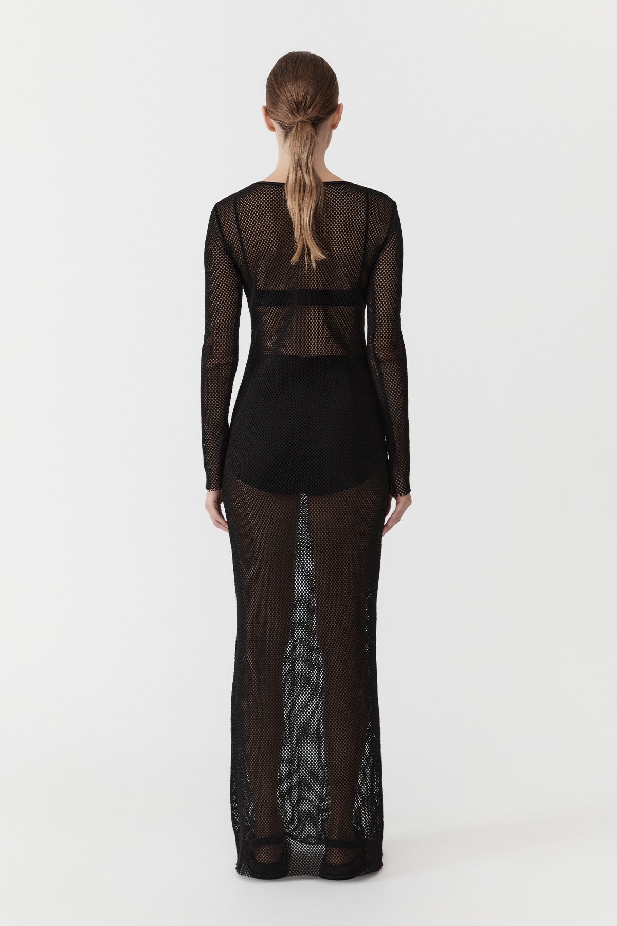 Mesh Long Sleeve Dress - Black - 5